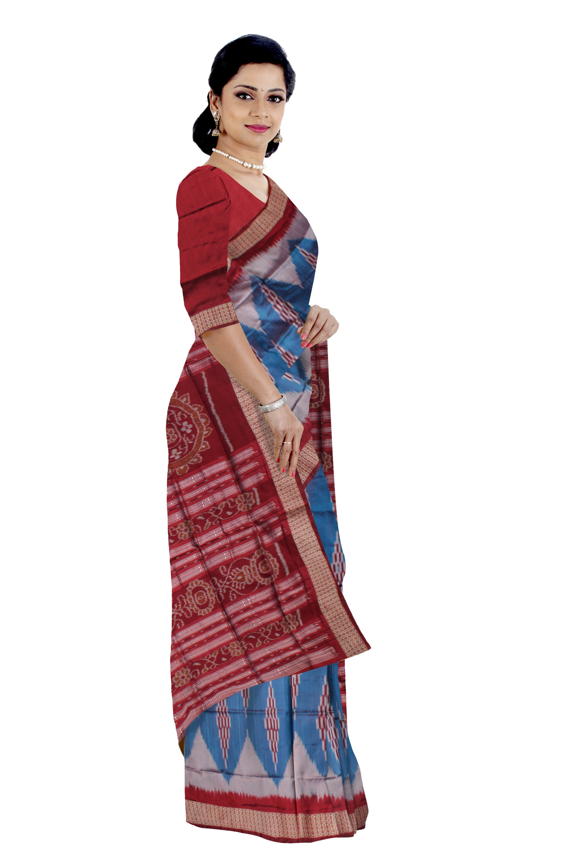 SKY, SILVER AND MAROON COLOR SAPTA PATERN PATA SAREE, WITH BLOUSE PIECE. - Koshali Arts & Crafts Enterprise