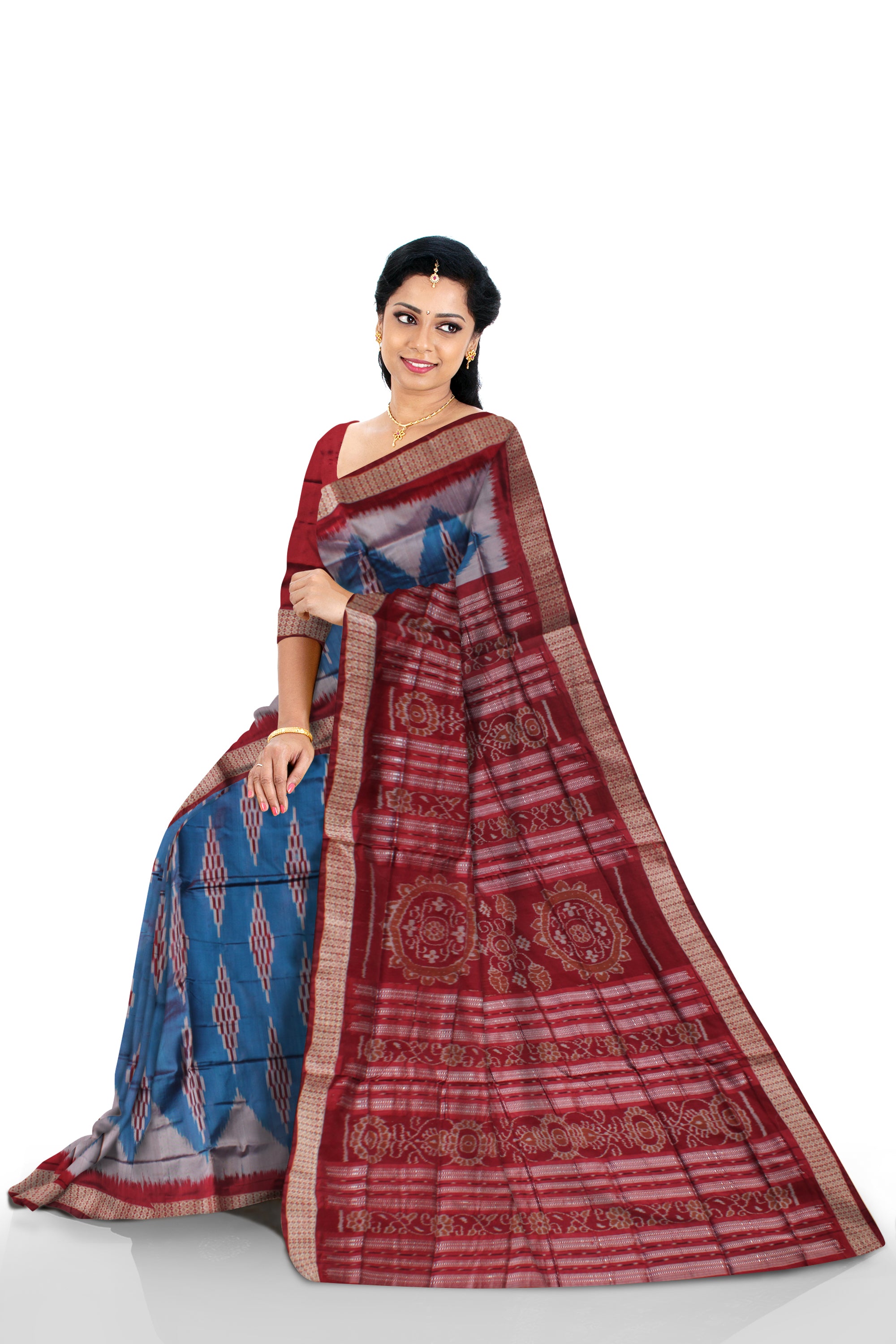 SKY, SILVER AND MAROON COLOR SAPTA PATERN PATA SAREE, WITH BLOUSE PIECE. - Koshali Arts & Crafts Enterprise