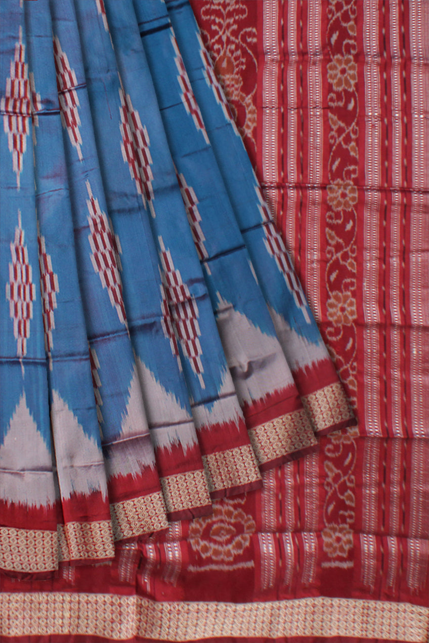 SKY, SILVER AND MAROON COLOR SAPTA PATERN PATA SAREE, WITH BLOUSE PIECE. - Koshali Arts & Crafts Enterprise