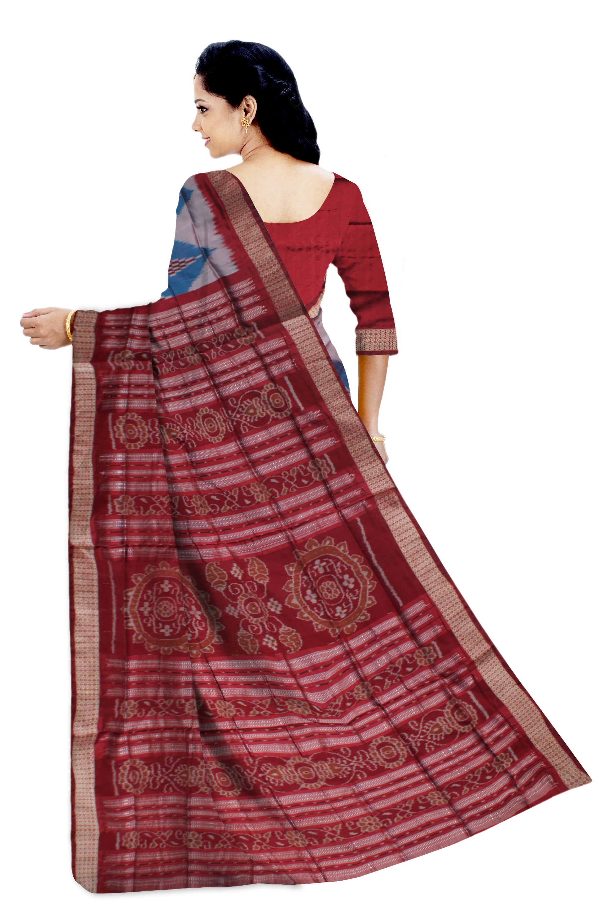 SKY, SILVER AND MAROON COLOR SAPTA PATERN PATA SAREE, WITH BLOUSE PIECE. - Koshali Arts & Crafts Enterprise