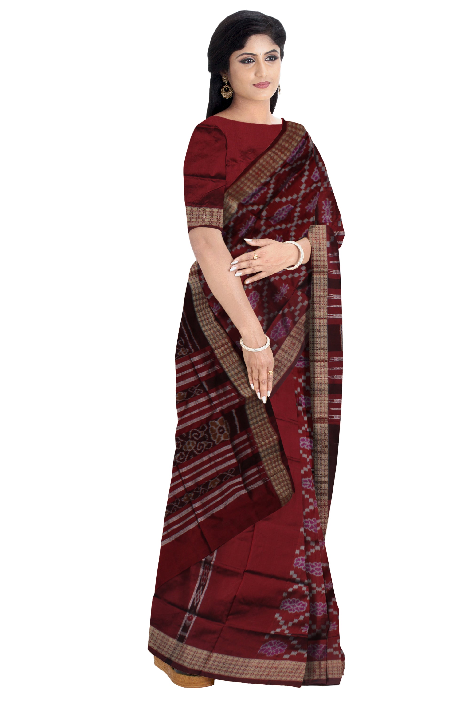 FLOWER PATTERN PATLI PATA SAREE IS CHOCOLATE MAROON AND COFFEE COLOR BASE, AVAILABLE WITH MATCHING BLOUSE PIECE. - Koshali Arts & Crafts Enterprise