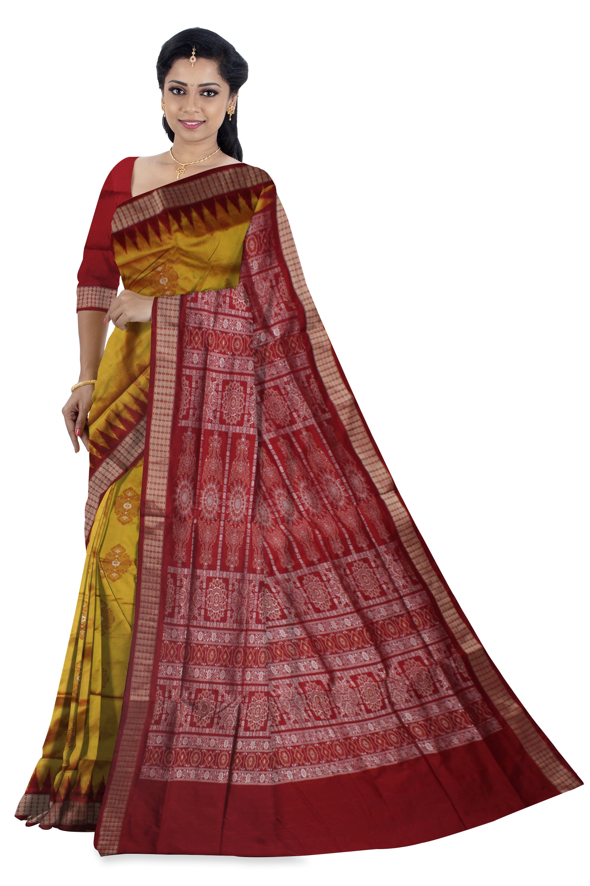 YELLOW AND MAROON COLOR PADMA PATA SAREE , WITH MATCHING BLOUSE PIECE. - Koshali Arts & Crafts Enterprise