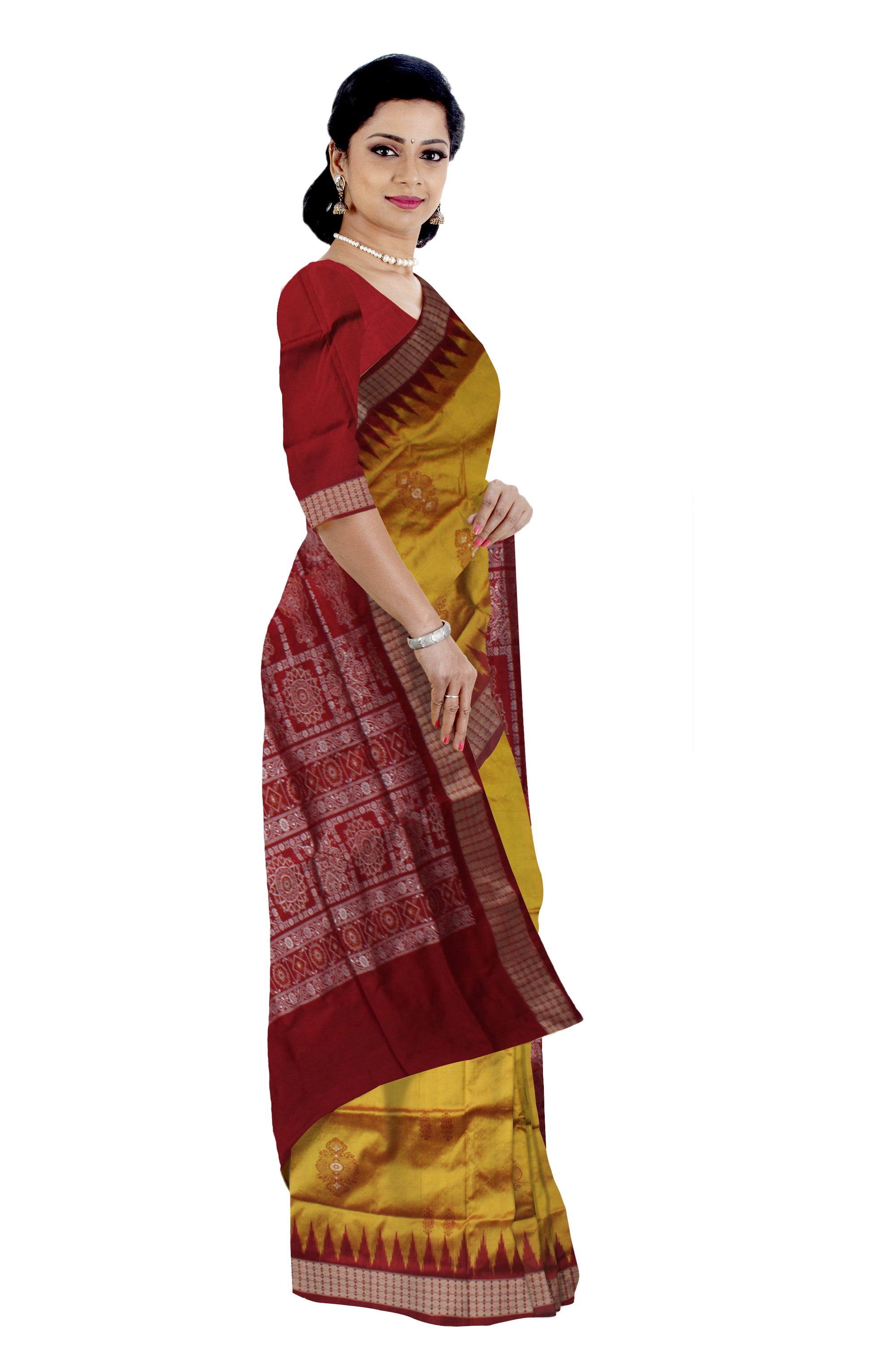 YELLOW AND MAROON COLOR PADMA PATA SAREE , WITH MATCHING BLOUSE PIECE. - Koshali Arts & Crafts Enterprise
