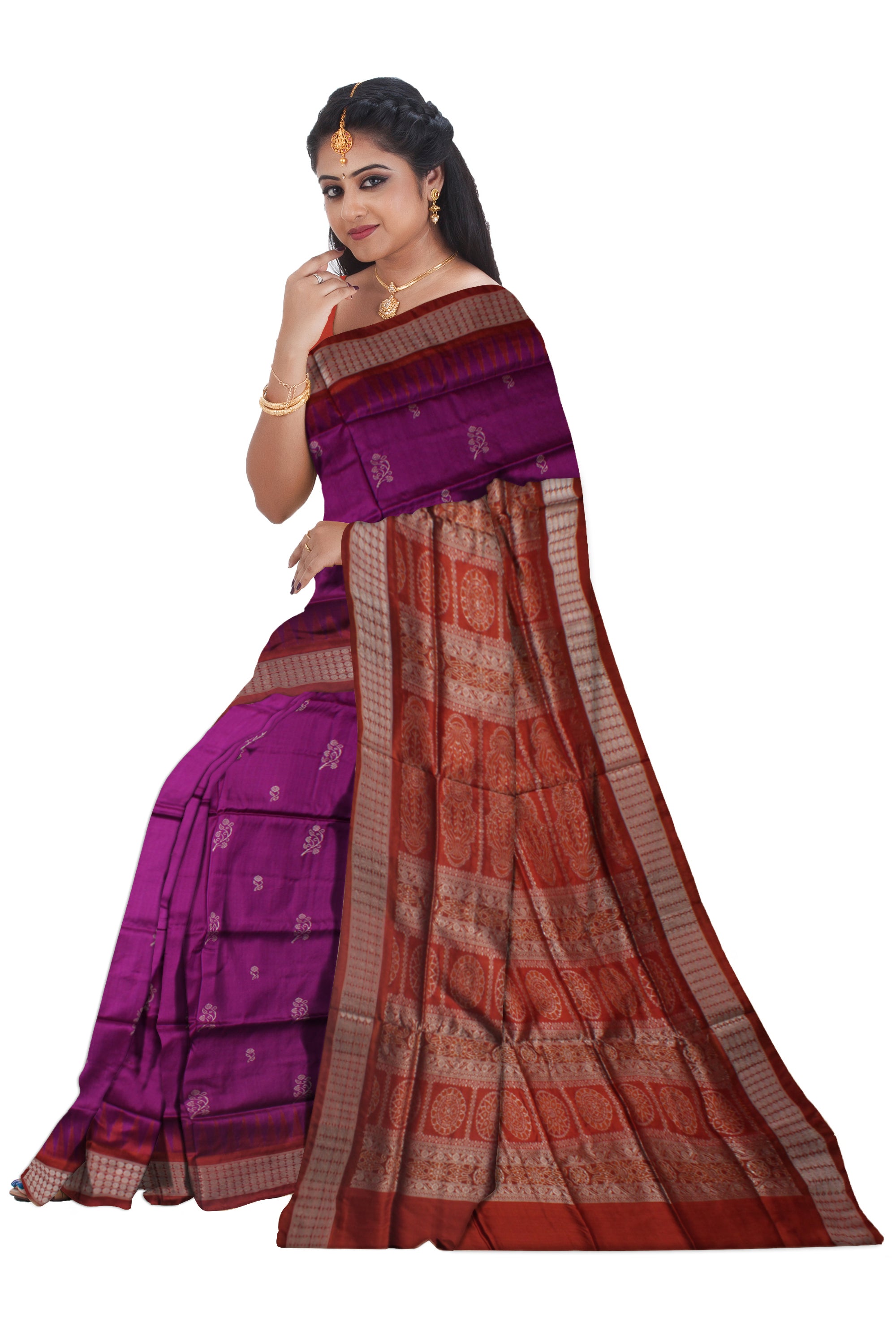 LATEST DESIGN SMALL FLOWER PATTERN PURPLE AND MAROON COLOR PATA SAREE, WITH MATCHING BLOUSE PIECE. - Koshali Arts & Crafts Enterprise