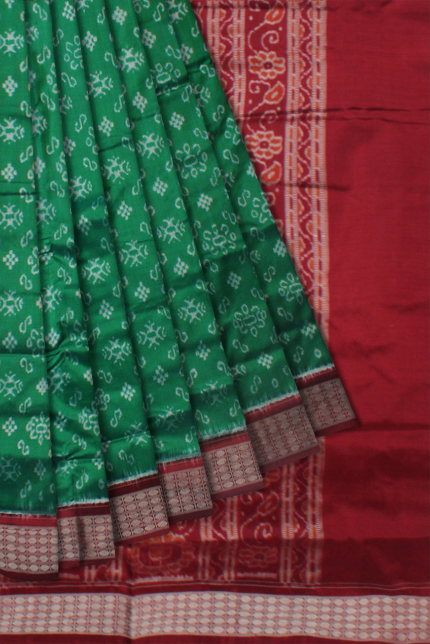SMALL FLOWER AND PASAPALI PATTERN PATA SAREE IS GREEN AND MAROON COLOR BASE, WITTH BLOUSE PIECE. - Koshali Arts & Crafts Enterprise