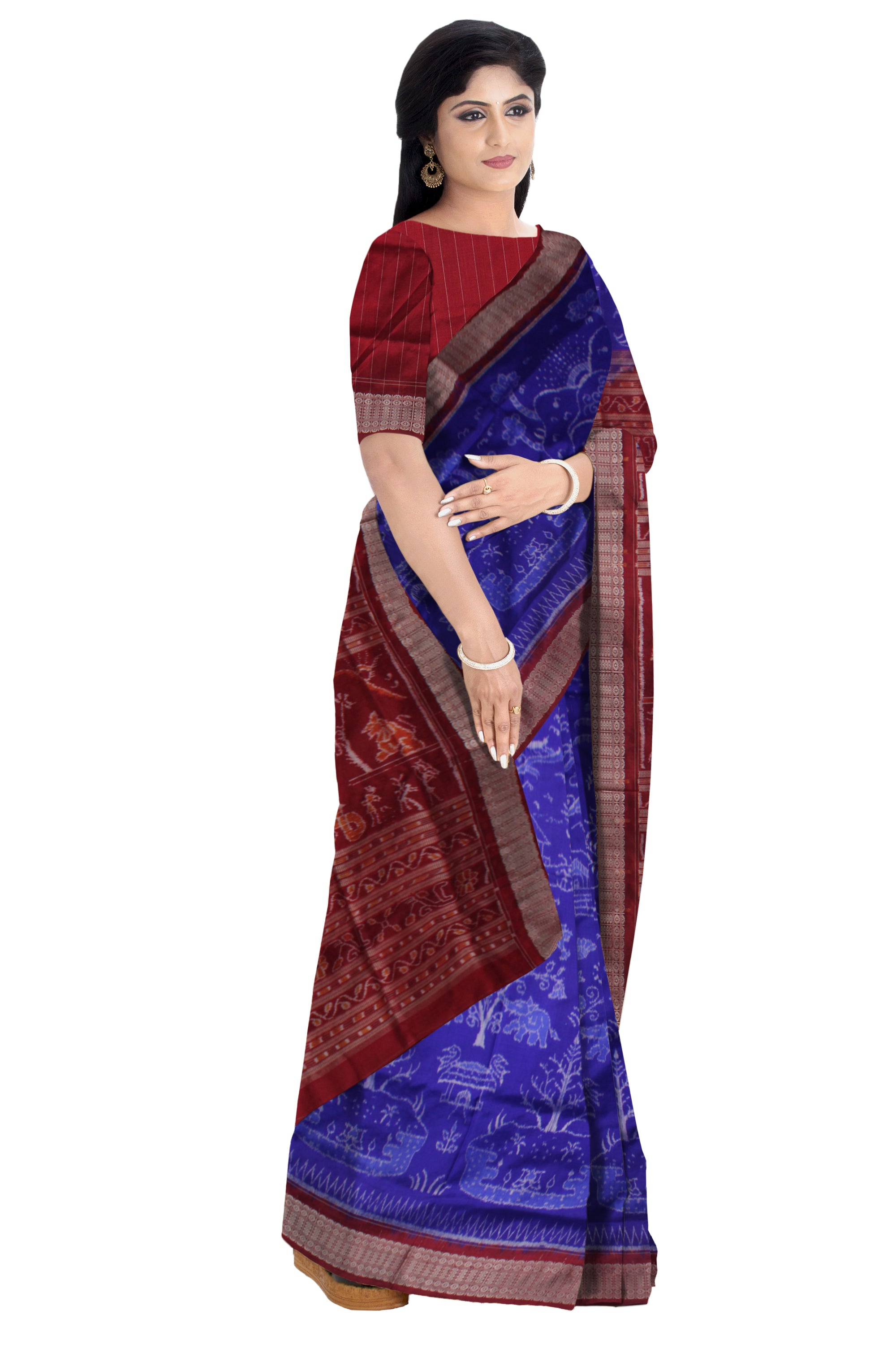 TRADITIONAL VILLAGE PATTERN PURE SILK SAREE IS BLUE AND MAROON COLOR BASE, WITH BLOUSE PIECE. - Koshali Arts & Crafts Enterprise