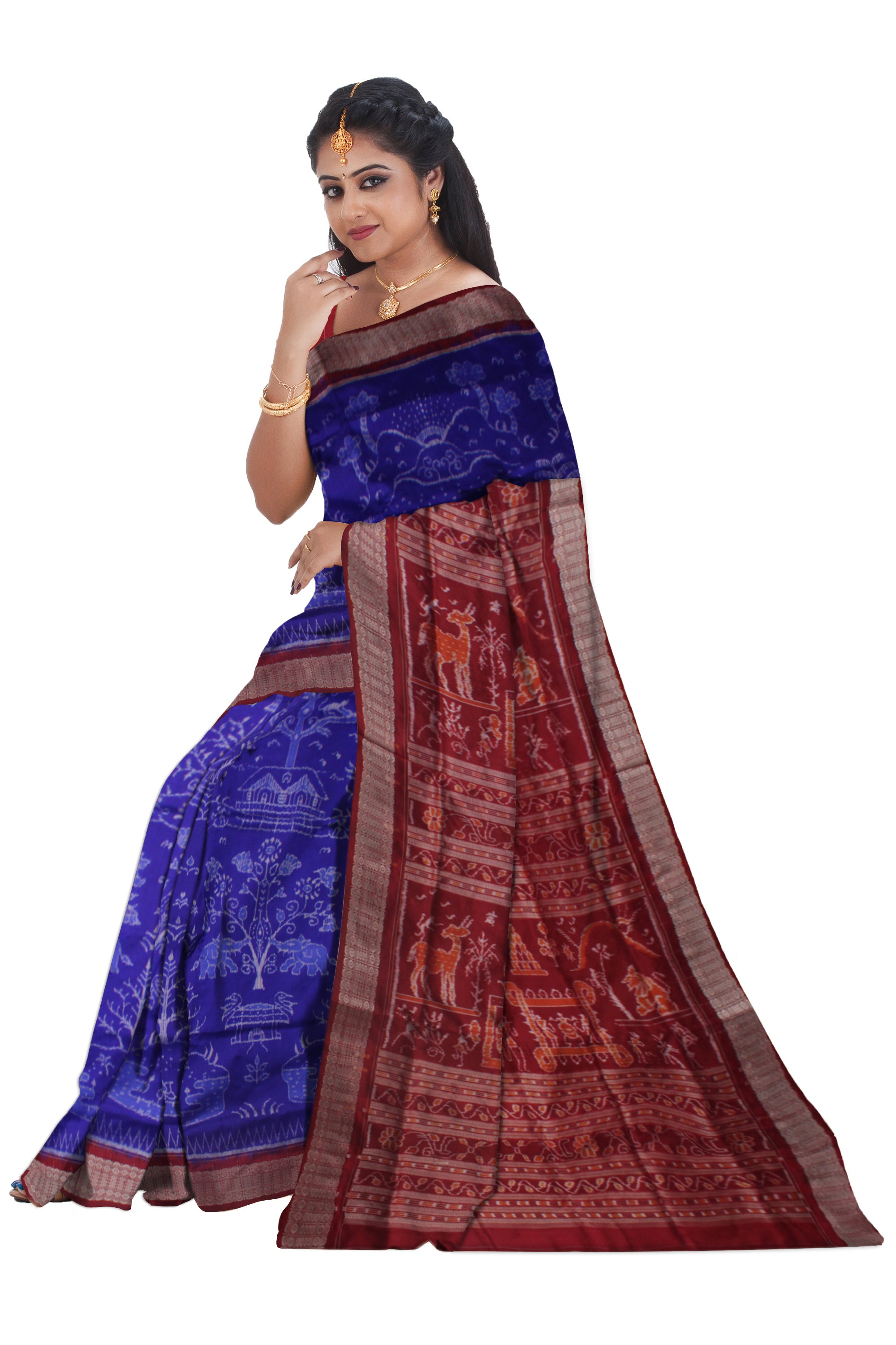 TRADITIONAL VILLAGE PATTERN PURE SILK SAREE IS BLUE AND MAROON COLOR BASE, WITH BLOUSE PIECE. - Koshali Arts & Crafts Enterprise