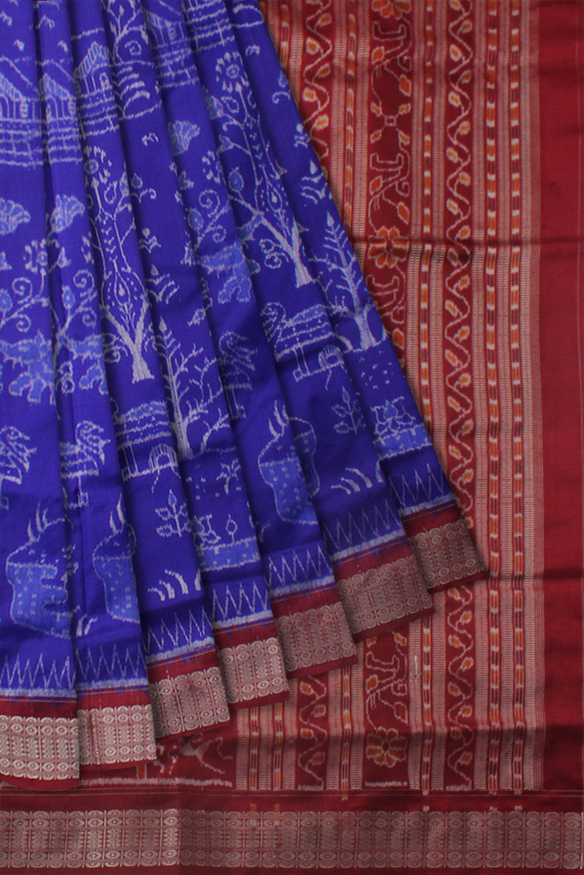 TRADITIONAL VILLAGE PATTERN PURE SILK SAREE IS BLUE AND MAROON COLOR BASE, WITH BLOUSE PIECE. - Koshali Arts & Crafts Enterprise