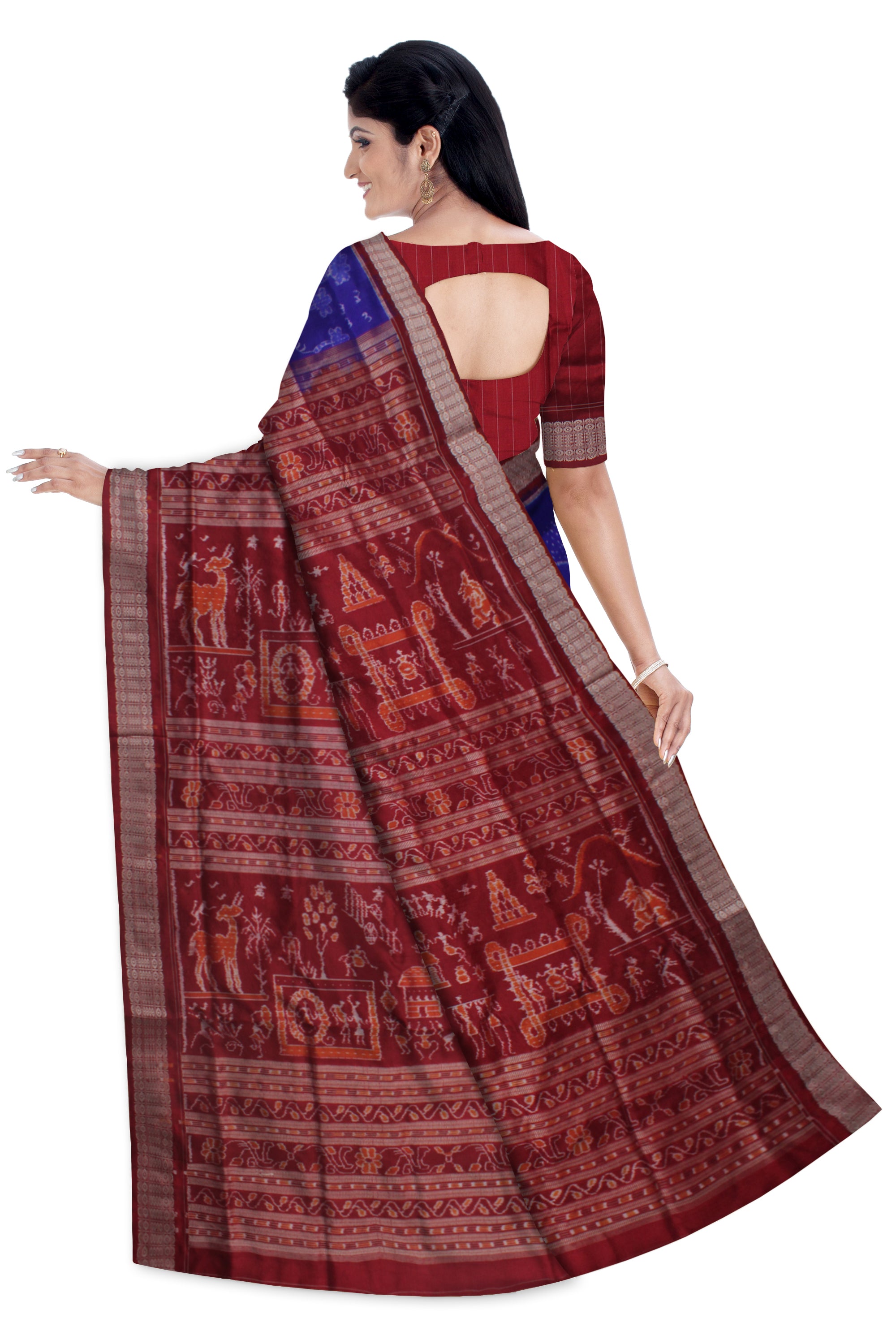 TRADITIONAL VILLAGE PATTERN PURE SILK SAREE IS BLUE AND MAROON COLOR BASE, WITH BLOUSE PIECE. - Koshali Arts & Crafts Enterprise