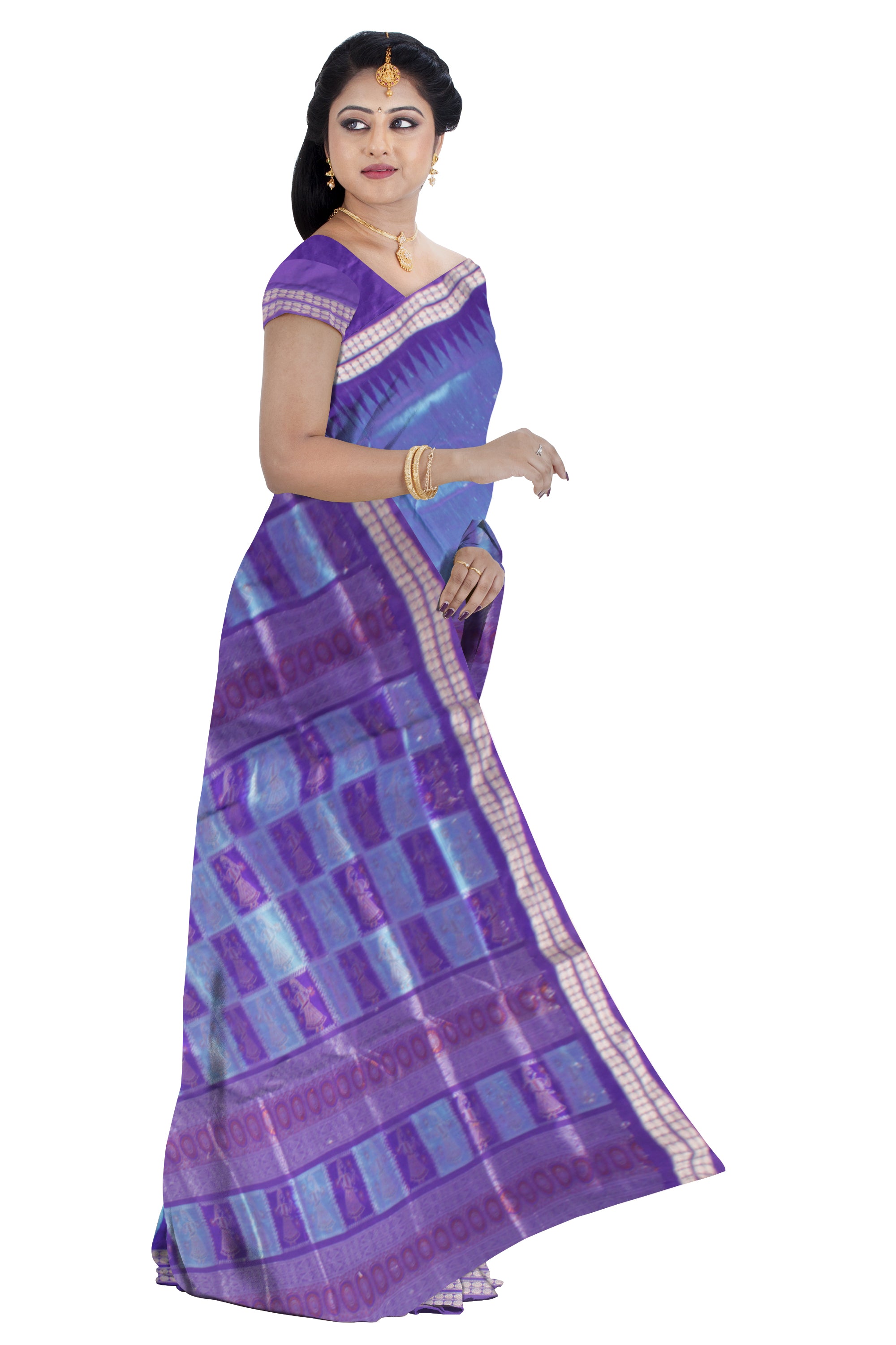 PALLU DOLL PRINT LIGHT SKY AND PURPLE COLOR PATA SAREE , WITH BLOUSE PIECE. - Koshali Arts & Crafts Enterprise