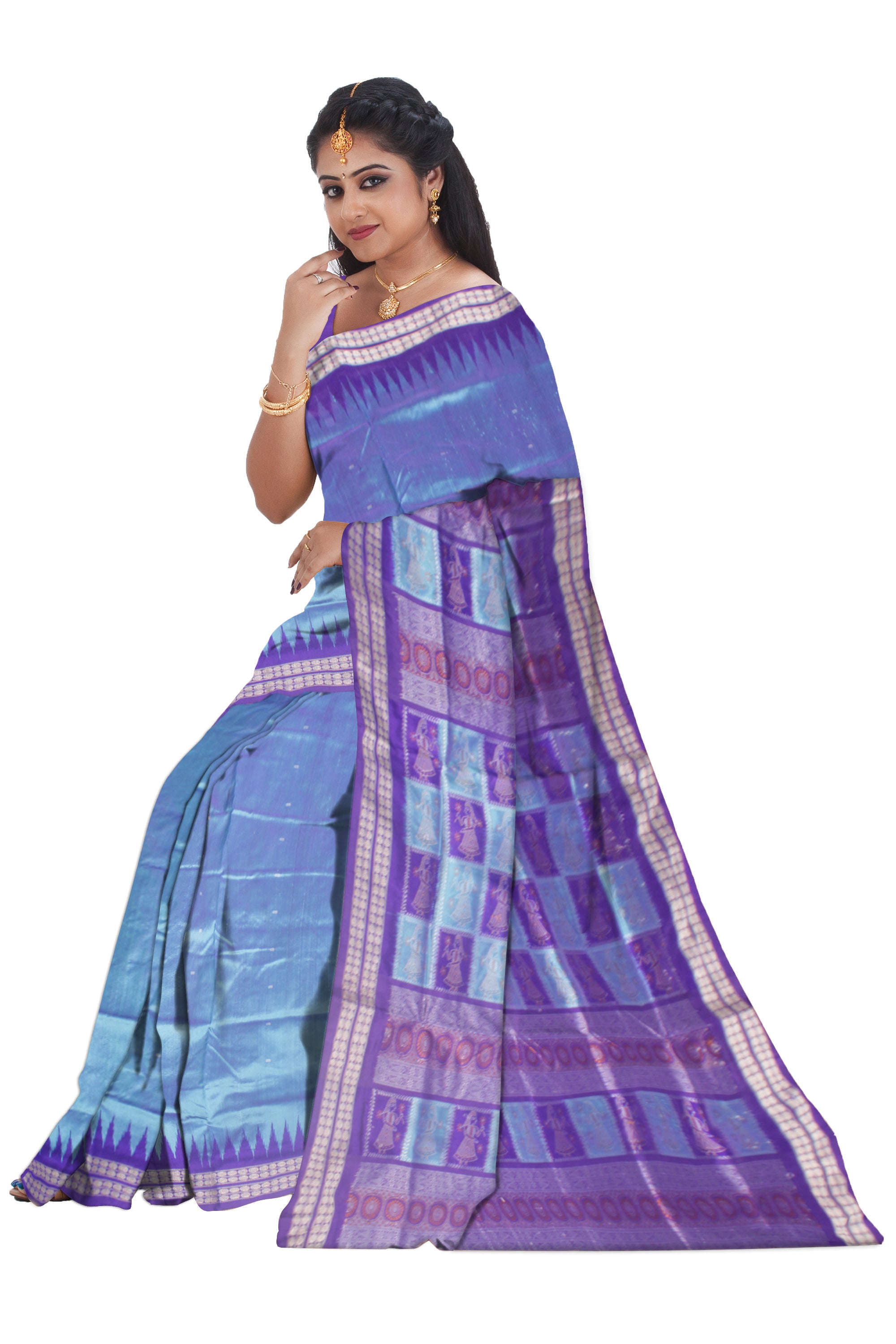 PALLU DOLL PRINT LIGHT SKY AND PURPLE COLOR PATA SAREE , WITH BLOUSE PIECE. - Koshali Arts & Crafts Enterprise