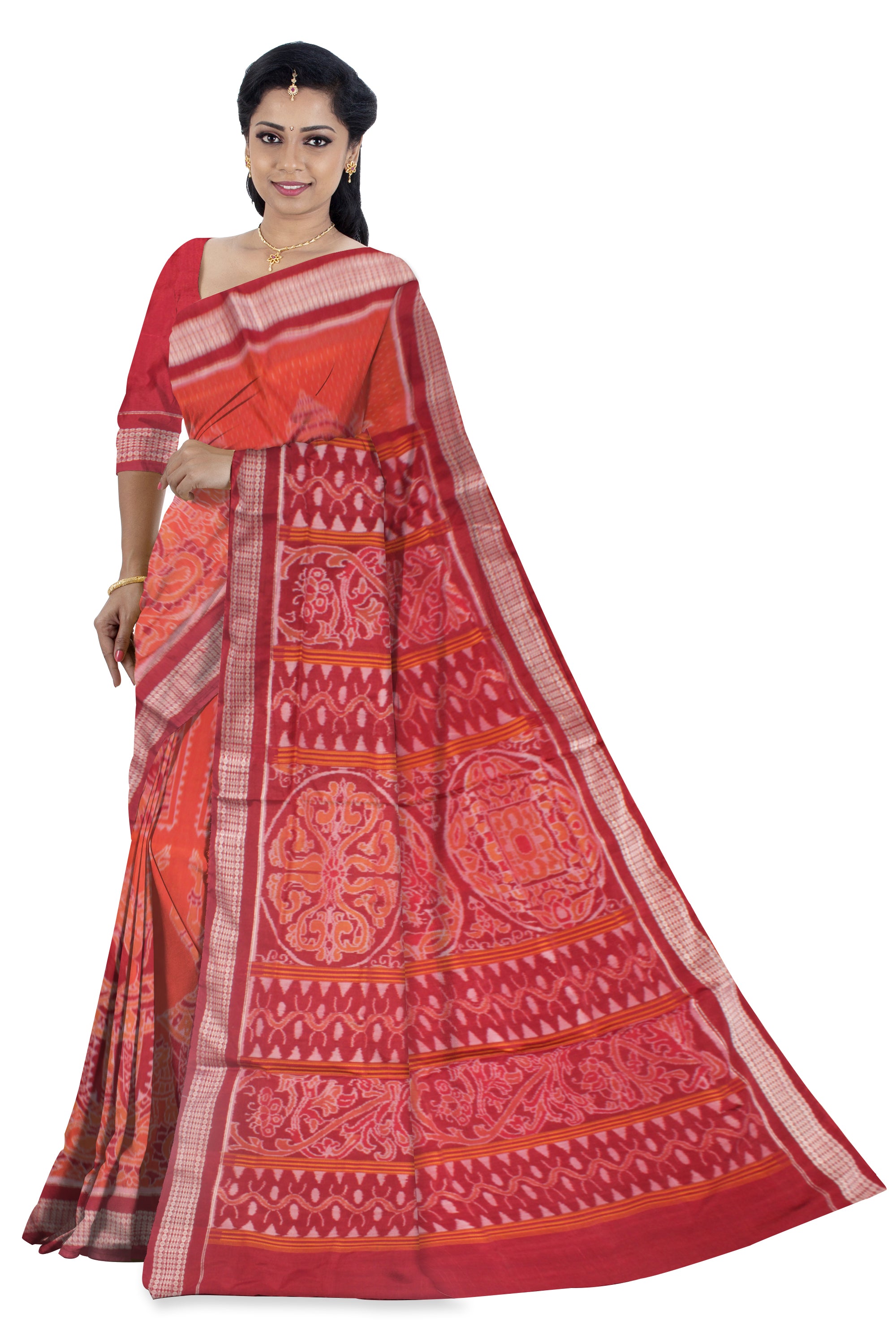 BEAUTIFUL NARTAKI PATTERN PURE COTTON SAREE IS ORANGE AND MAROON COLOR BASE, COMES WITH MATCHING BLOUSE PIECE. - Koshali Arts & Crafts Enterprise
