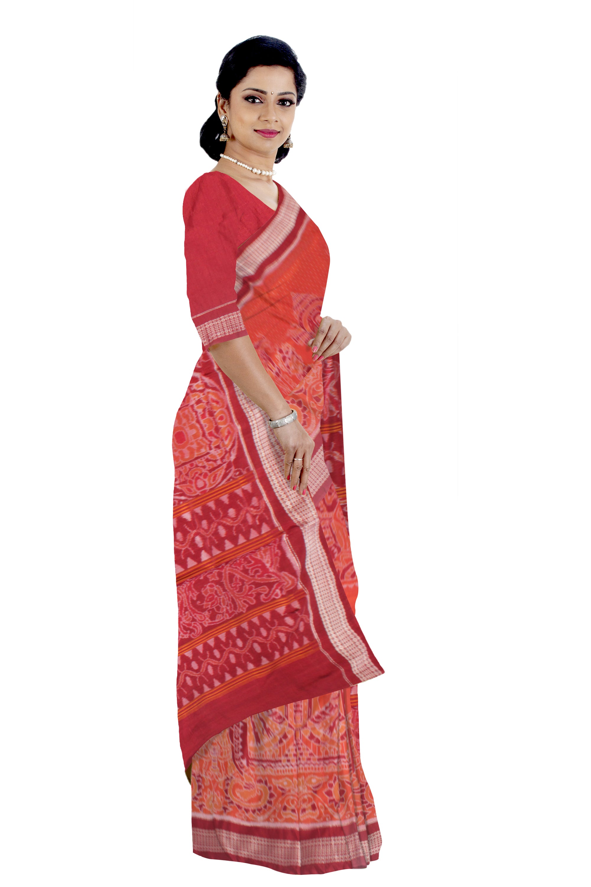 BEAUTIFUL NARTAKI PATTERN PURE COTTON SAREE IS  ORANGE AND MAROON COLOR BASE, COMES WITH MATCHING BLOUSE PIECE. - Koshali Arts & Crafts Enterprise