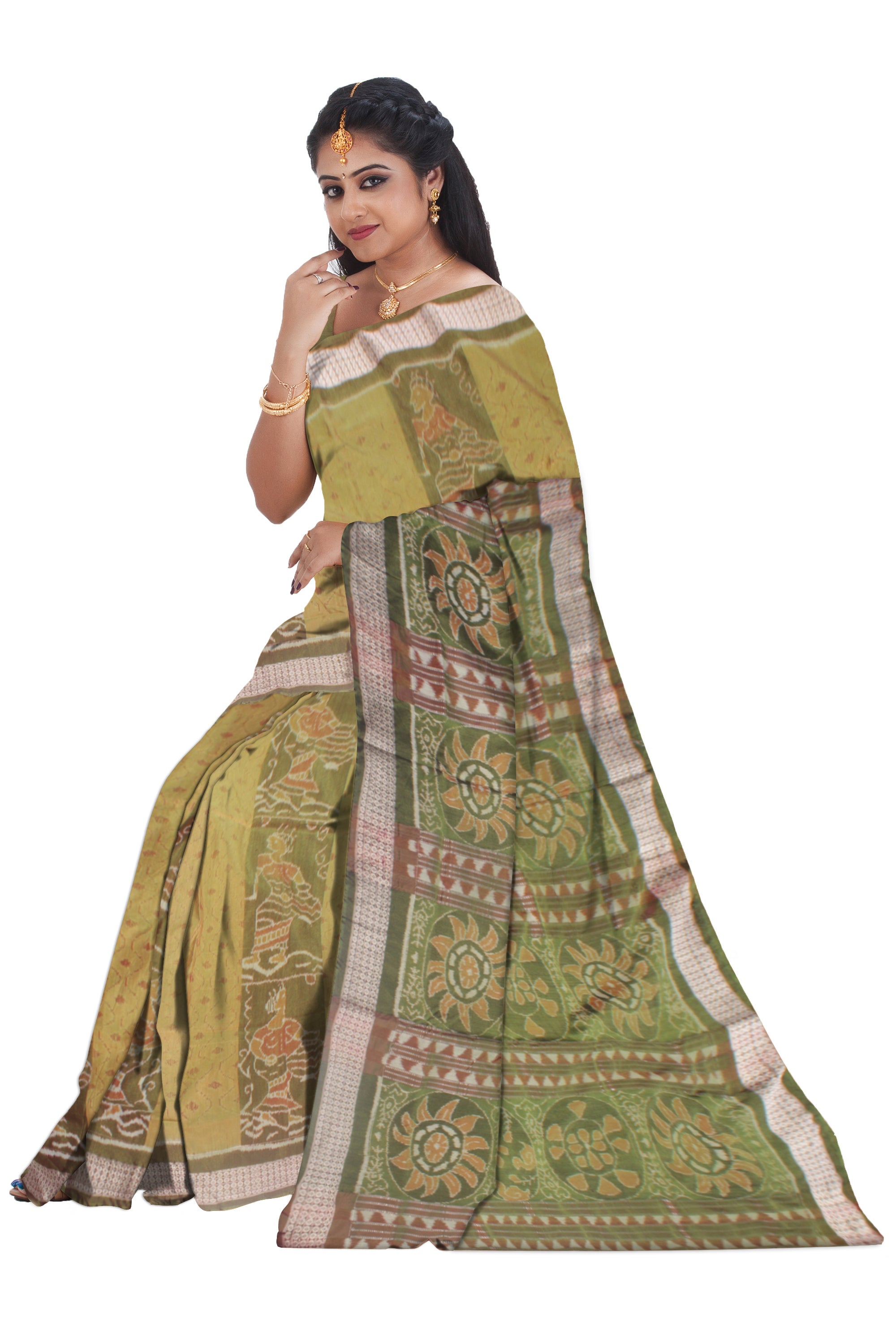 LATEST COLLECTION OLIVE COLOR BAPTA PATA SAREE, ATTACHED WITH MATCHING BLOUSE PIECE. - Koshali Arts & Crafts Enterprise