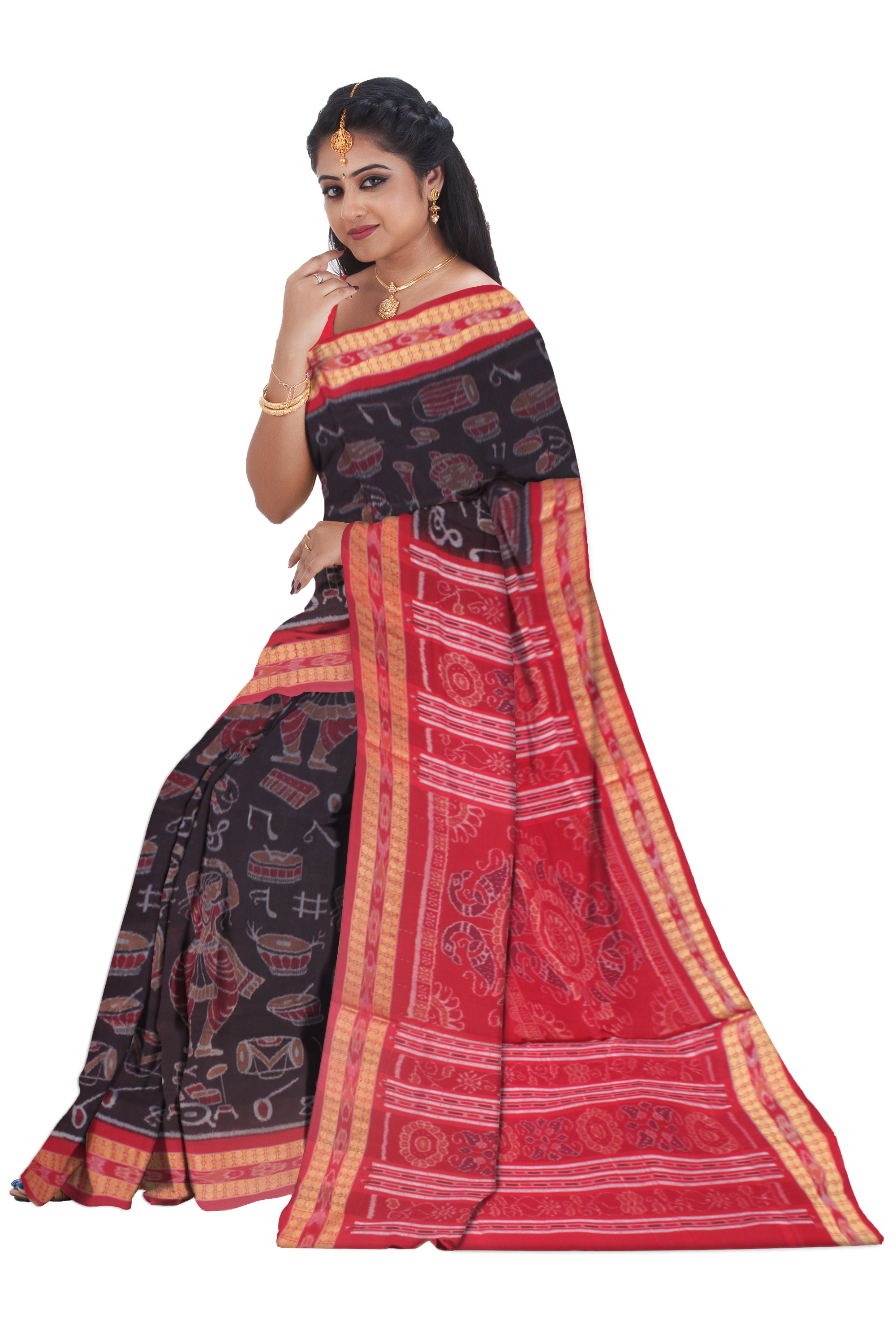 MUSICAL INSTRUMENT WITH ODISHI DANCE PATTERN PURE COTTON SILK SAREE IS DARK- COFFEE AND RED COLOR BASE,WITH BLOUSE PIECE. - Koshali Arts & Crafts Enterprise