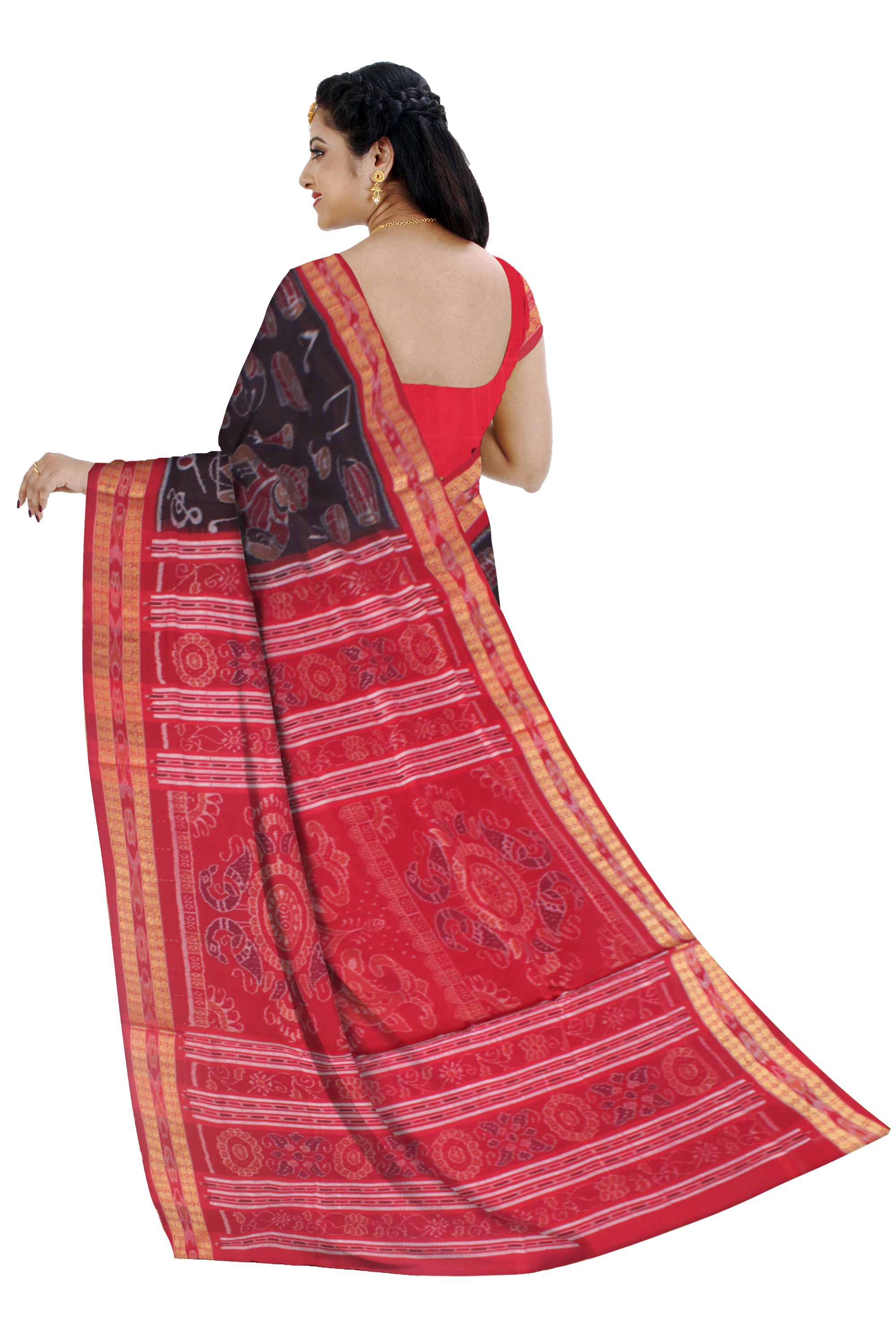 MUSICAL INSTRUMENT WITH ODISHI DANCE PATTERN PURE COTTON SILK SAREE IS DARK- COFFEE AND RED COLOR BASE,WITH BLOUSE PIECE. - Koshali Arts & Crafts Enterprise