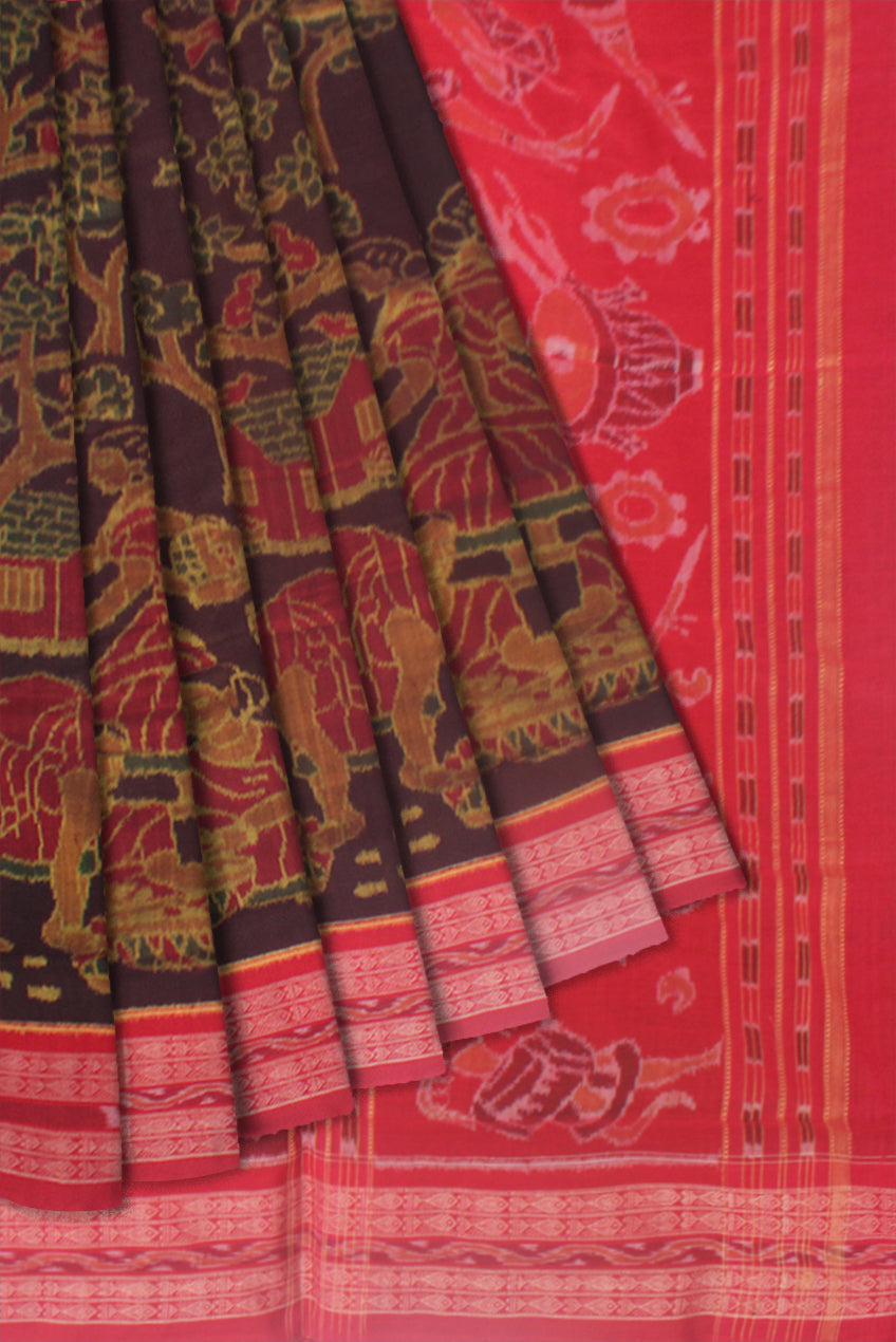 TRADITIONAL VILLAGE WORK TREE AND TERRACOTTA PATTERN PURE COTTON SAREE IS COFFEE AND RED COLOR BASE, WITH OUTBLOUSE PIECE. - Koshali Arts & Crafts Enterprise