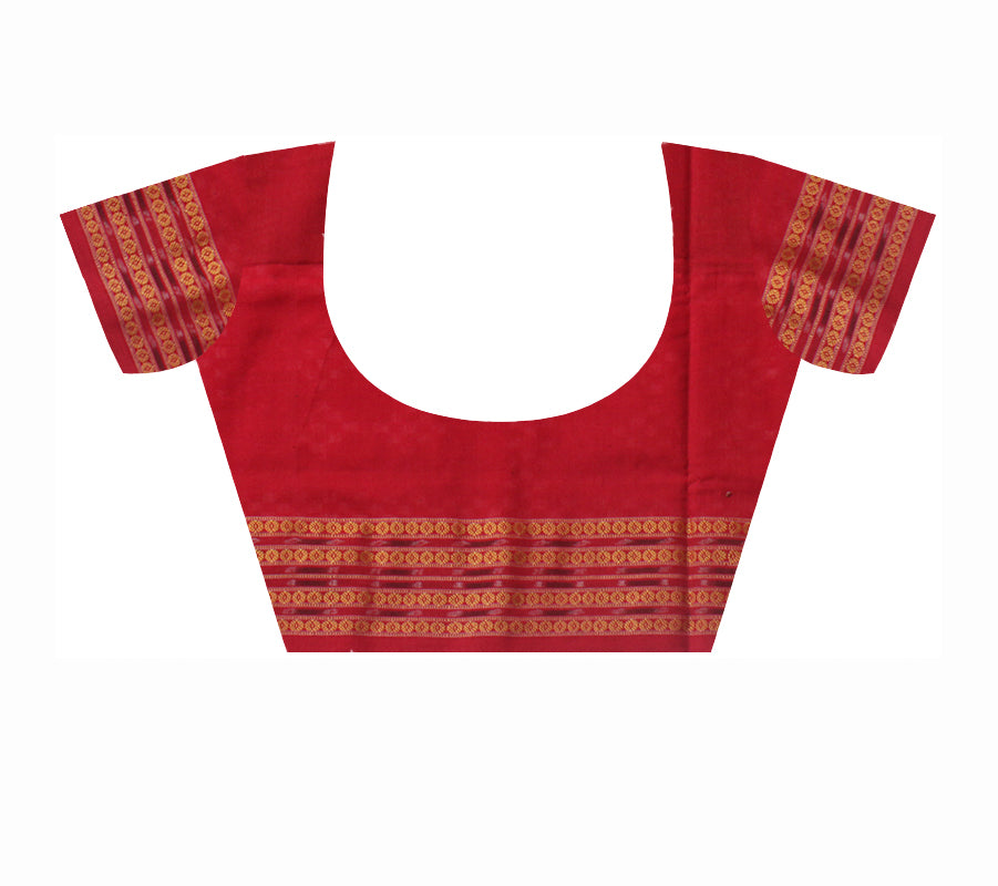 TRADITIONAL PASAPALI WITH PEACOCK PRINT PURE COTTON SAREE IS MEHENDI AND RED COLOR BASE,ATTACHED WITH MATCHING BLOUSE PIECE. - Koshali Arts & Crafts Enterprise