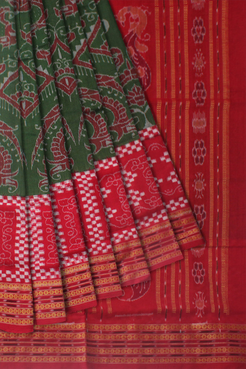 TRADITIONAL PASAPALI WITH PEACOCK PRINT PURE COTTON SAREE IS MEHENDI AND RED COLOR BASE,ATTACHED WITH MATCHING BLOUSE PIECE. - Koshali Arts & Crafts Enterprise