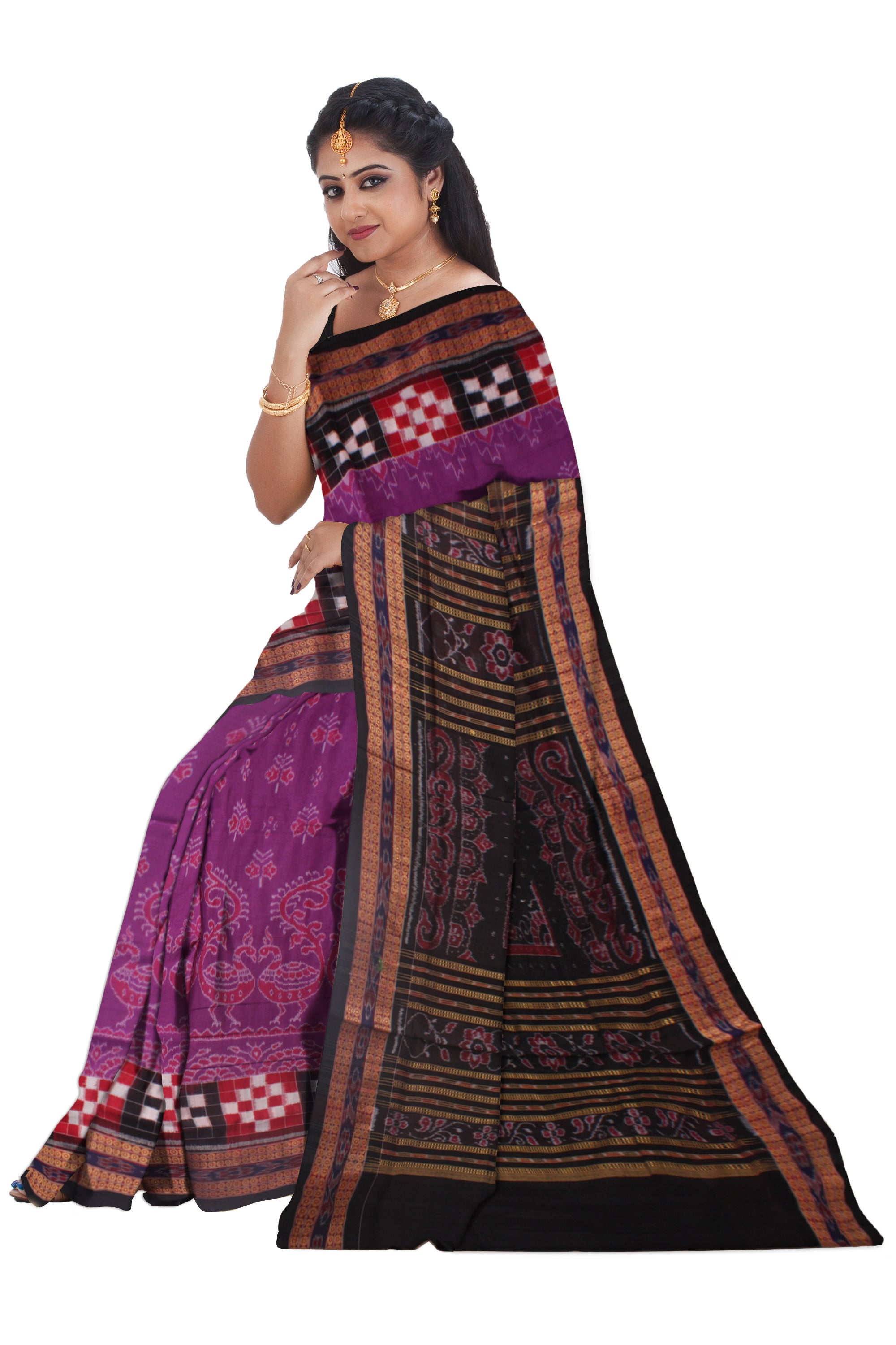 DARK VIOLET AND BLACK COLOR TRADITIONAL PASAPALI WITH PEACOCK PRINT PURE COTTON SAREE, WITH BLOUSE PIECE. - Koshali Arts & Crafts Enterprise
