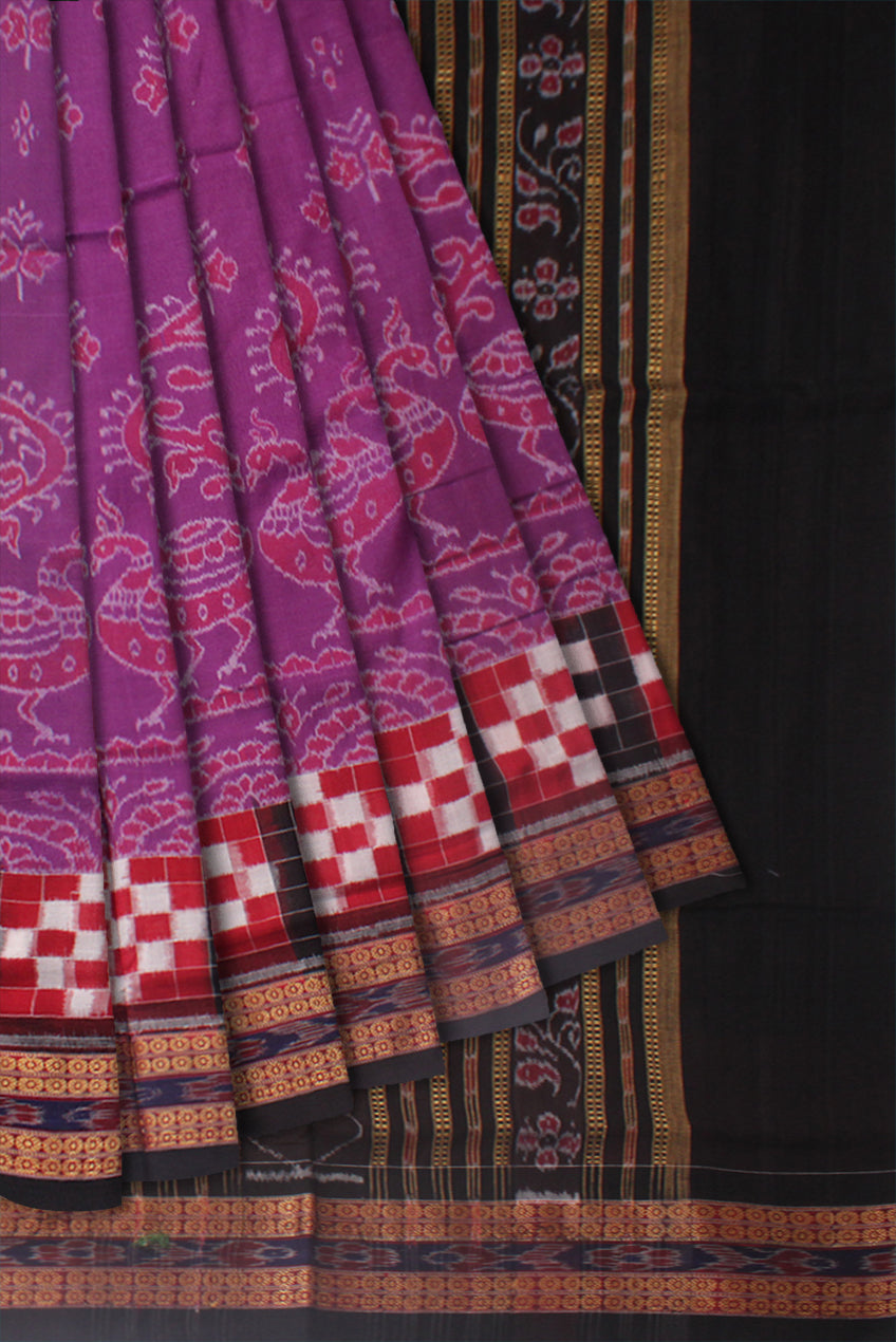 DARK VIOLET AND BLACK COLOR TRADITIONAL PASAPALI WITH PEACOCK PRINT PURE COTTON SAREE, WITH BLOUSE PIECE. - Koshali Arts & Crafts Enterprise