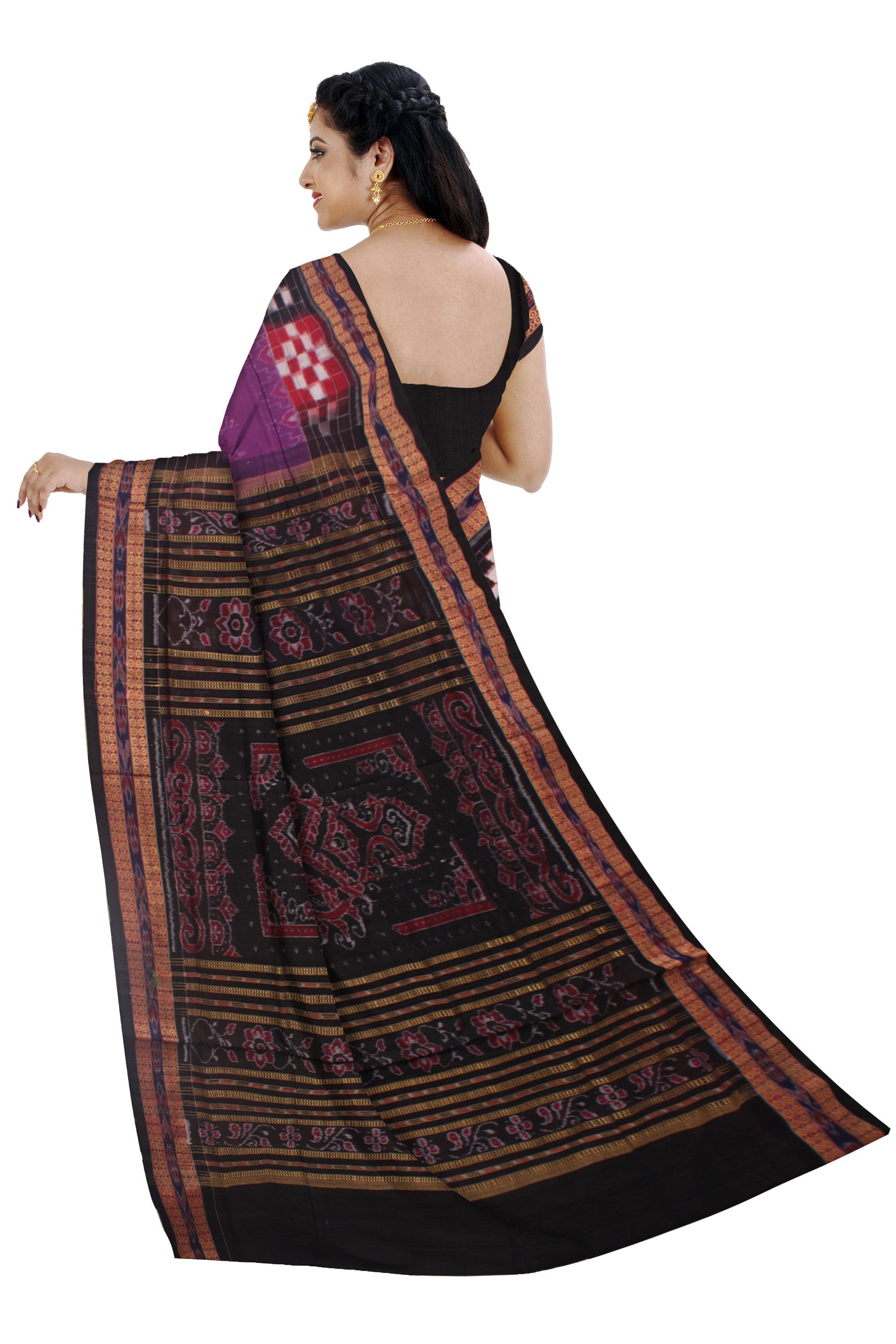 DARK VIOLET AND BLACK COLOR TRADITIONAL PASAPALI WITH PEACOCK PRINT PURE COTTON SAREE, WITH BLOUSE PIECE. - Koshali Arts & Crafts Enterprise
