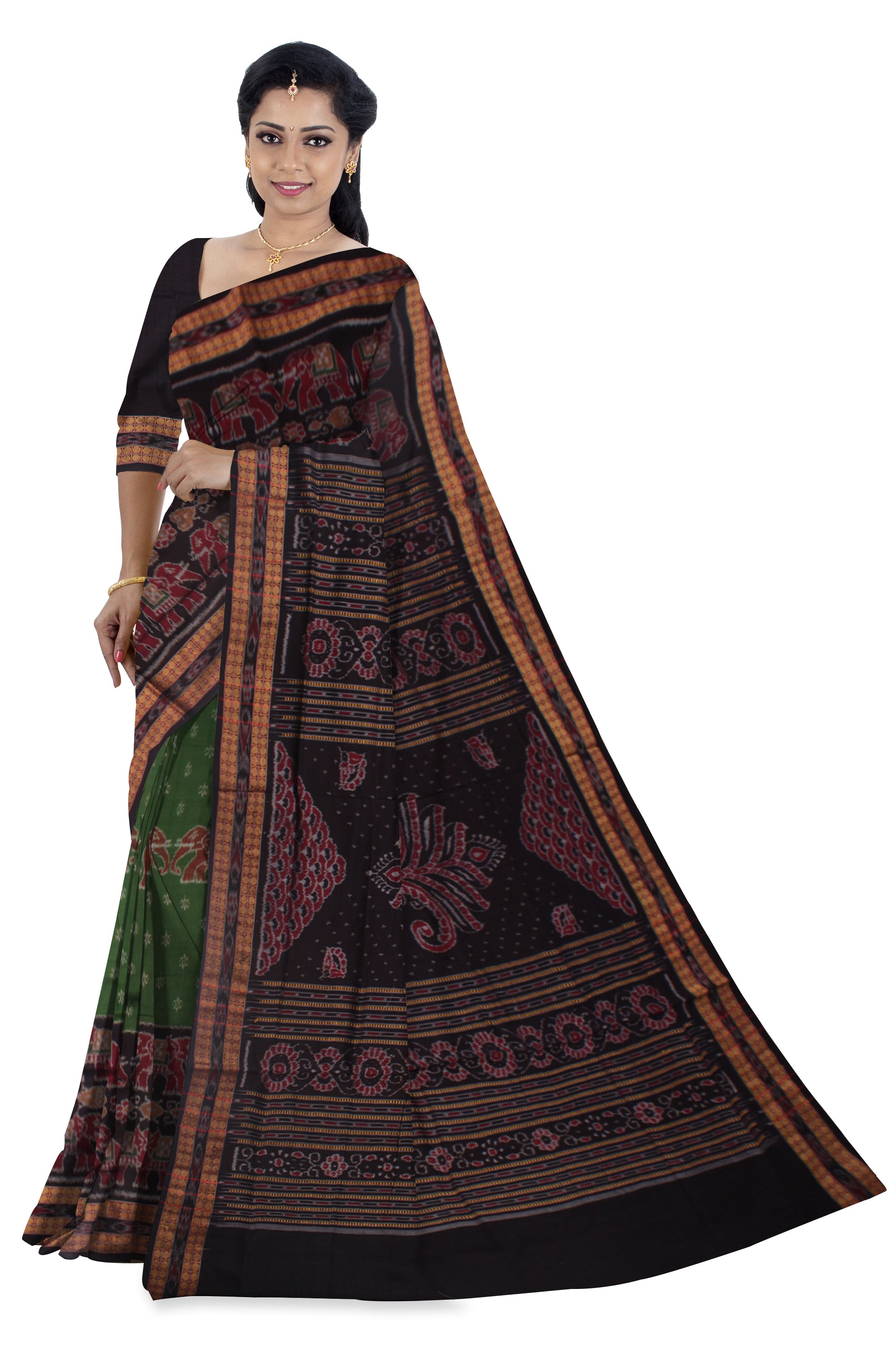 ELEPHANT PATTERN PURE COTTON SAREE IS GREEN AND BLACK COLOR BASE,AVAILABLE WITH BLOUSE PIECE. - Koshali Arts & Crafts Enterprise