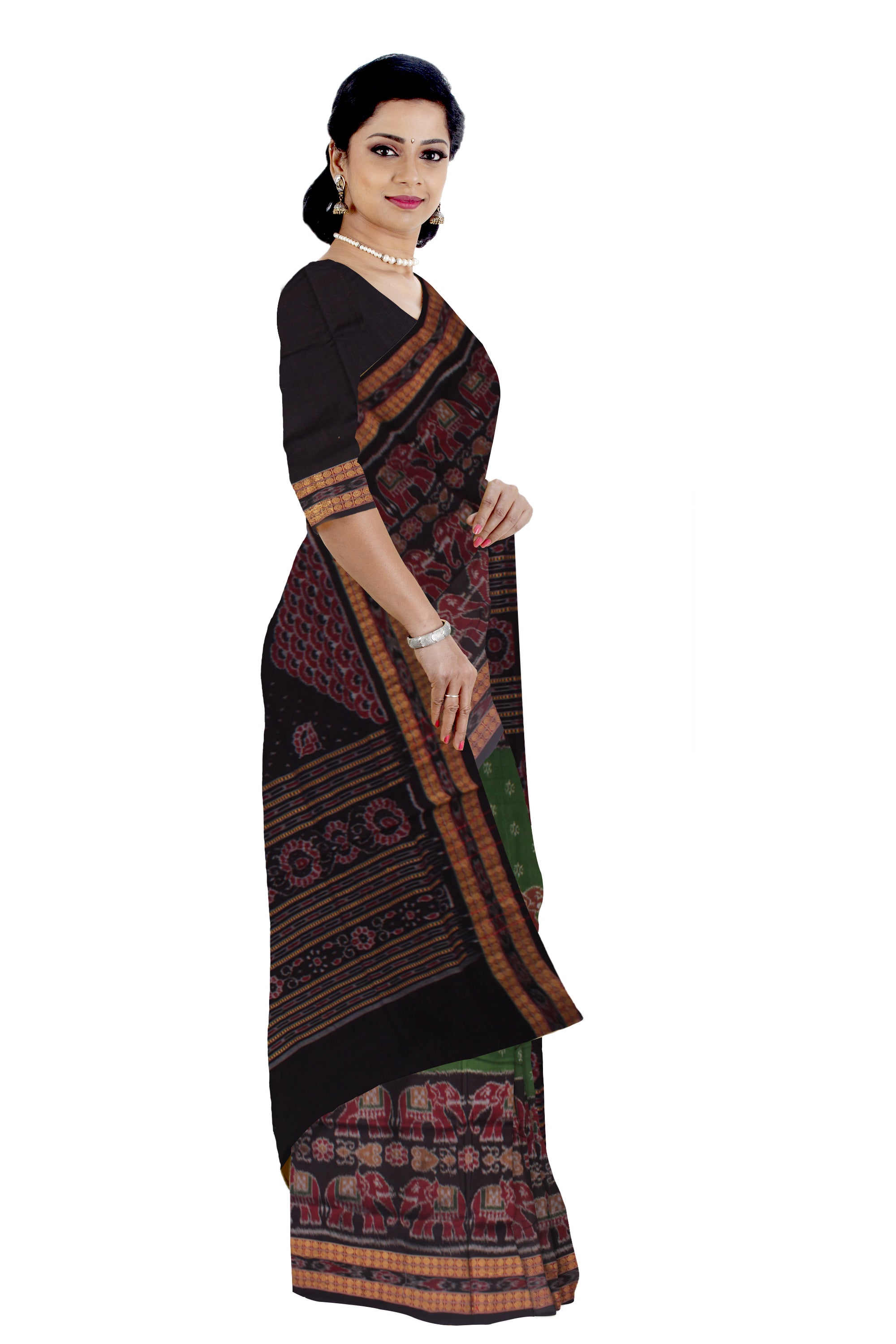 ELEPHANT PATTERN PURE COTTON SAREE IS GREEN AND BLACK COLOR BASE,AVAILABLE WITH BLOUSE PIECE. - Koshali Arts & Crafts Enterprise