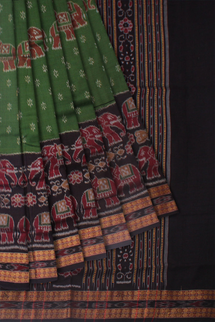 ELEPHANT PATTERN PURE COTTON SAREE IS GREEN AND BLACK COLOR BASE,AVAILABLE WITH BLOUSE PIECE. - Koshali Arts & Crafts Enterprise