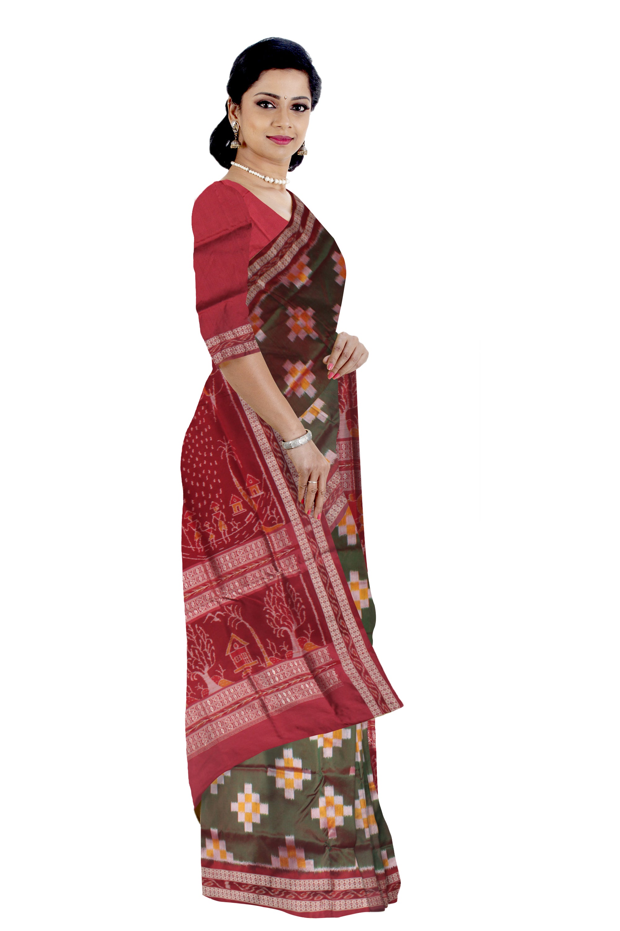 TRADITIONAL VILLAGE PATTERN SAPTA PATA SAREE IS DARK GREEN, YELLOW AND MAROON COLOR, WITH BLOUSE PIECE. - Koshali Arts & Crafts Enterprise
