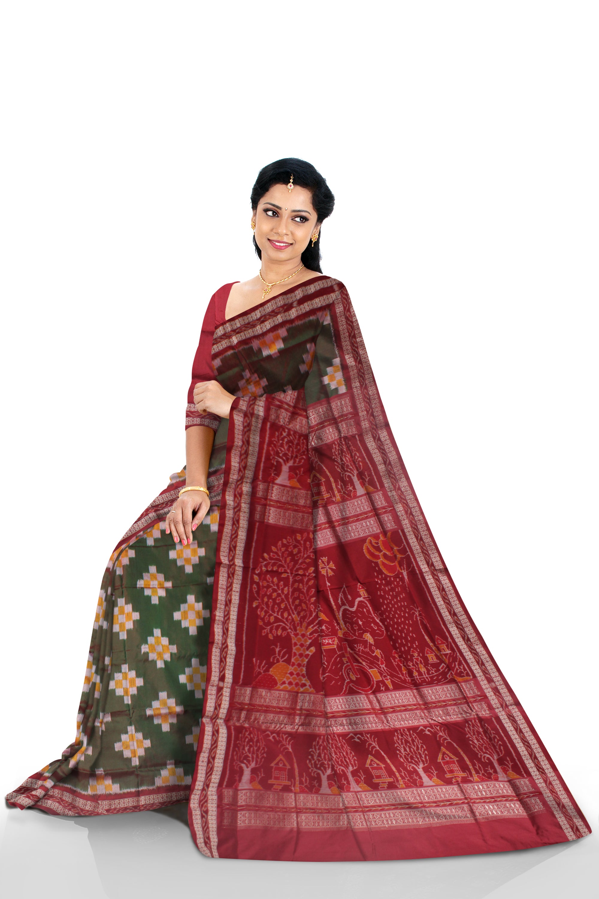 TRADITIONAL VILLAGE PATTERN SAPTA PATA SAREE IS DARK GREEN, YELLOW AND MAROON COLOR, WITH BLOUSE PIECE. - Koshali Arts & Crafts Enterprise