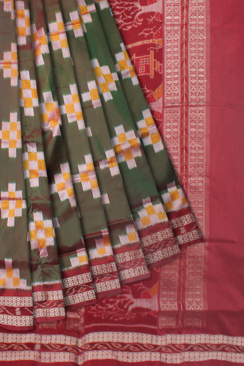 TRADITIONAL VILLAGE PATTERN SAPTA PATA SAREE IS DARK GREEN, YELLOW AND MAROON COLOR, WITH BLOUSE PIECE. - Koshali Arts & Crafts Enterprise
