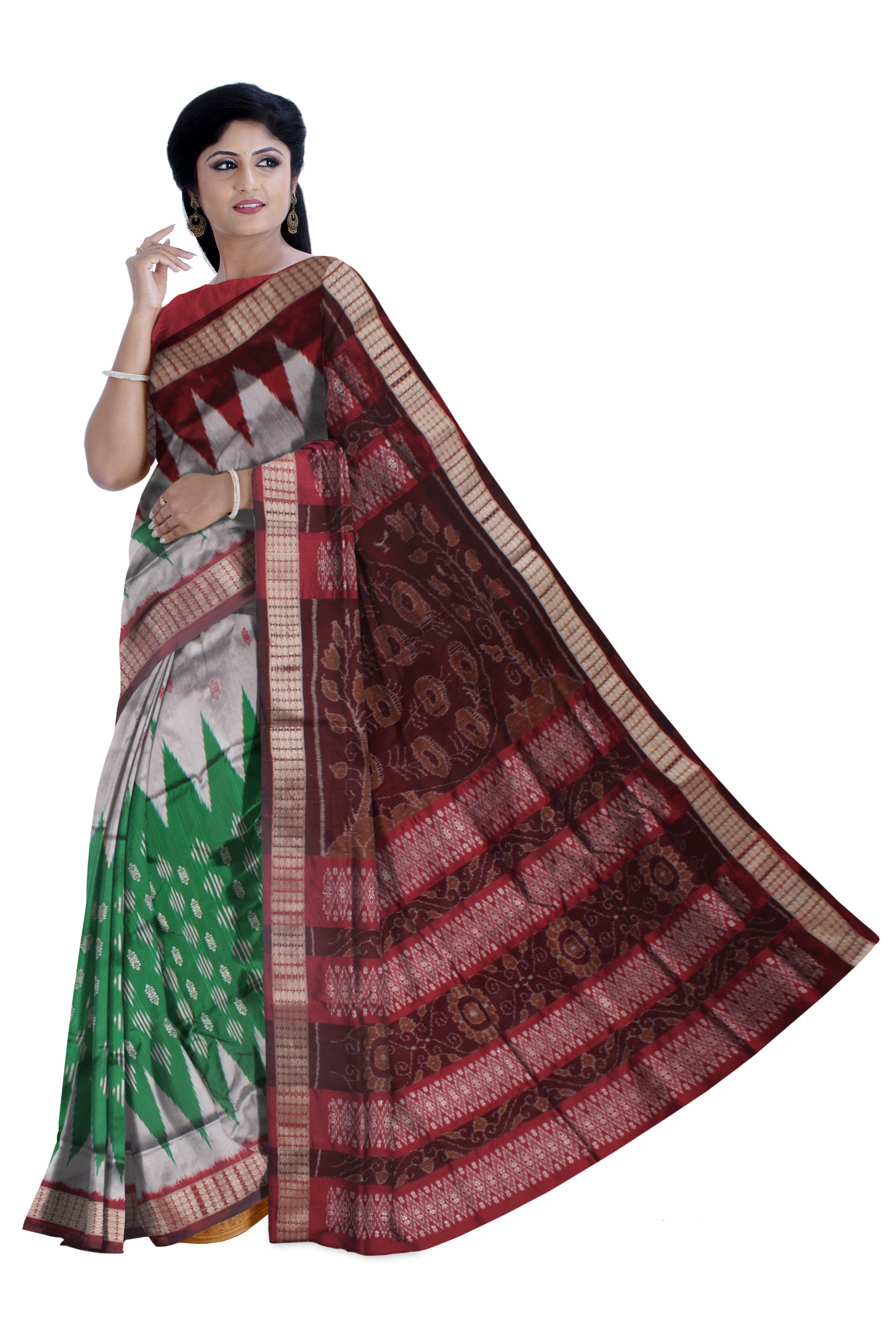 GREEN,SILVER AND MAROON COLOR IKAT PATTERN PATA SAREE, WITH BLOUSE PIECE. - Koshali Arts & Crafts Enterprise