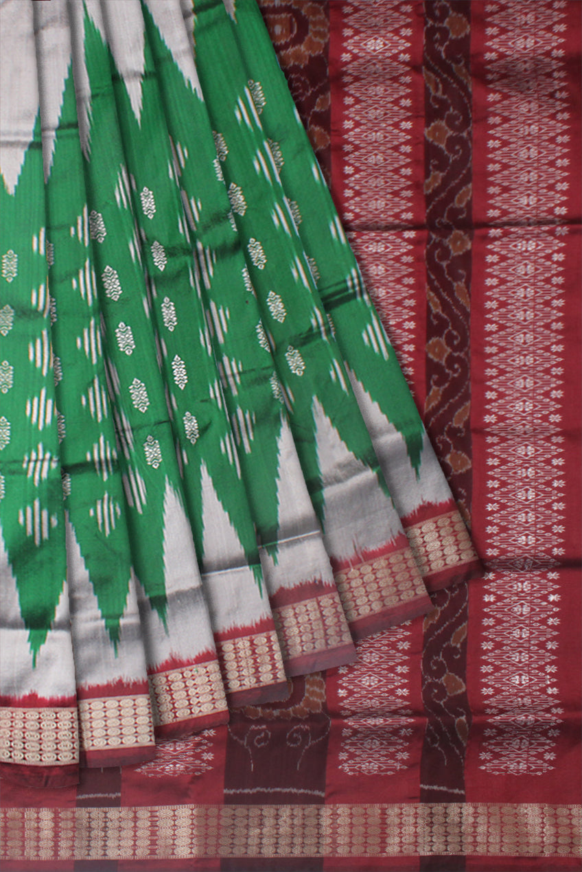 GREEN,SILVER AND MAROON COLOR IKAT PATTERN PATA SAREE, WITH BLOUSE PIECE. - Koshali Arts & Crafts Enterprise
