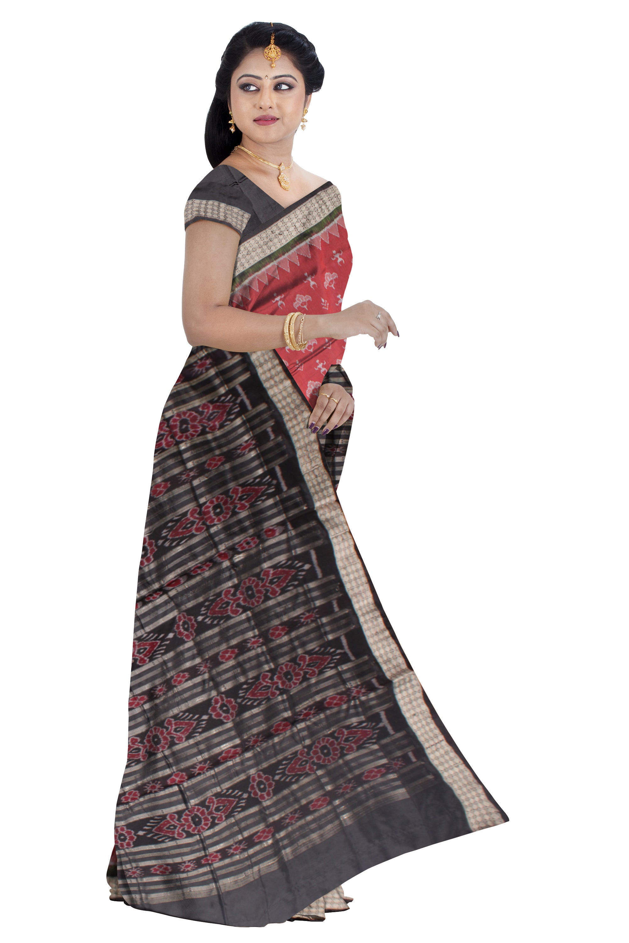 MAROON, LIGHT PINK AND BLACK COLOR PATLI PATA SAREE, WITH MATCHING BLOUSE PIECE. - Koshali Arts & Crafts Enterprise
