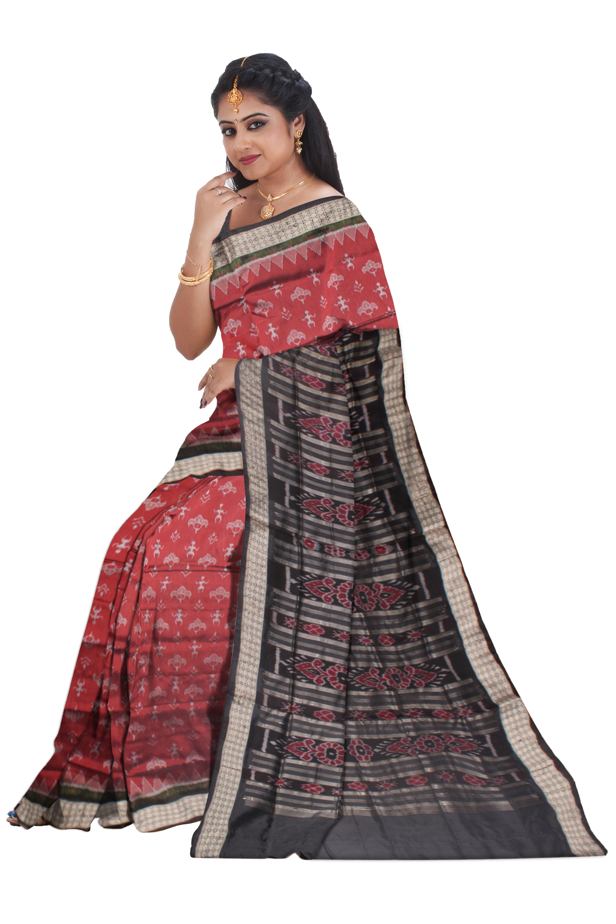 MAROON, LIGHT PINK AND BLACK COLOR PATLI PATA SAREE, WITH MATCHING BLOUSE PIECE. - Koshali Arts & Crafts Enterprise