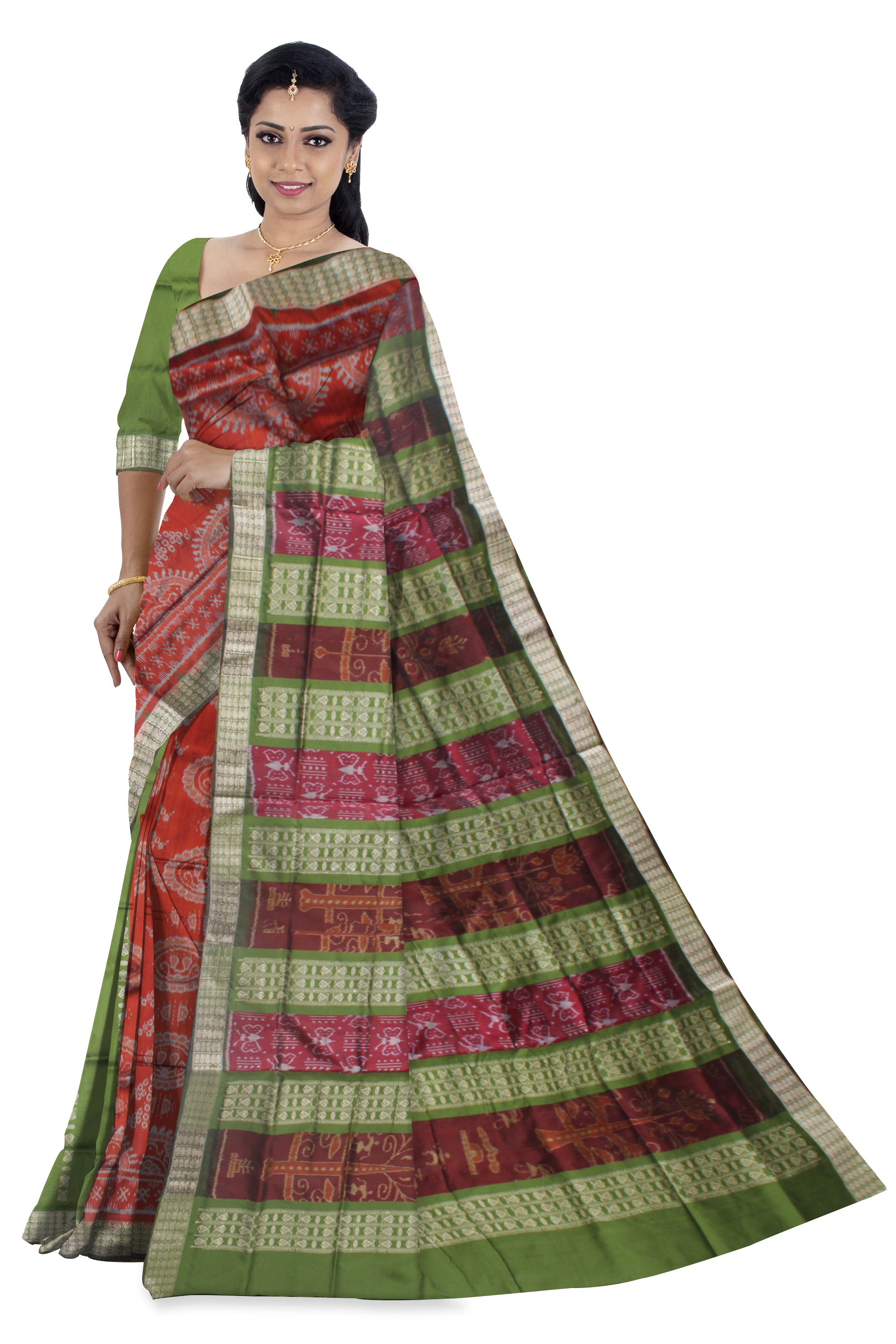 CHAKRA PATTERN PATLI PATA SAREE IS DARK-ORANGE AND LIGHT-GREEN COLOR BASE,COMES WITH MATCHING BLOUSE PIECE. - Koshali Arts & Crafts Enterprise