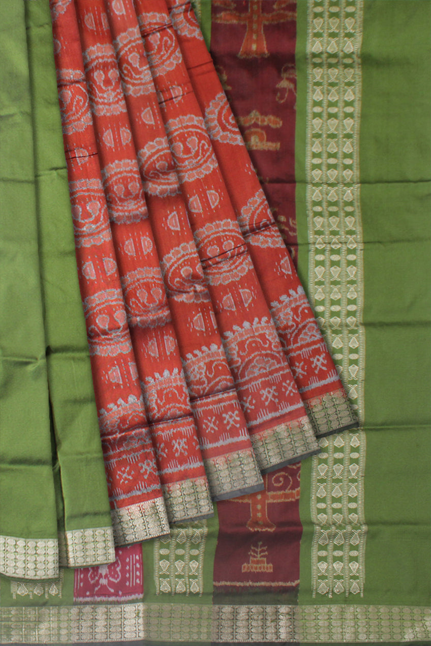 CHAKRA PATTERN PATLI PATA SAREE IS DARK-ORANGE AND LIGHT-GREEN COLOR BASE,COMES WITH MATCHING BLOUSE PIECE. - Koshali Arts & Crafts Enterprise