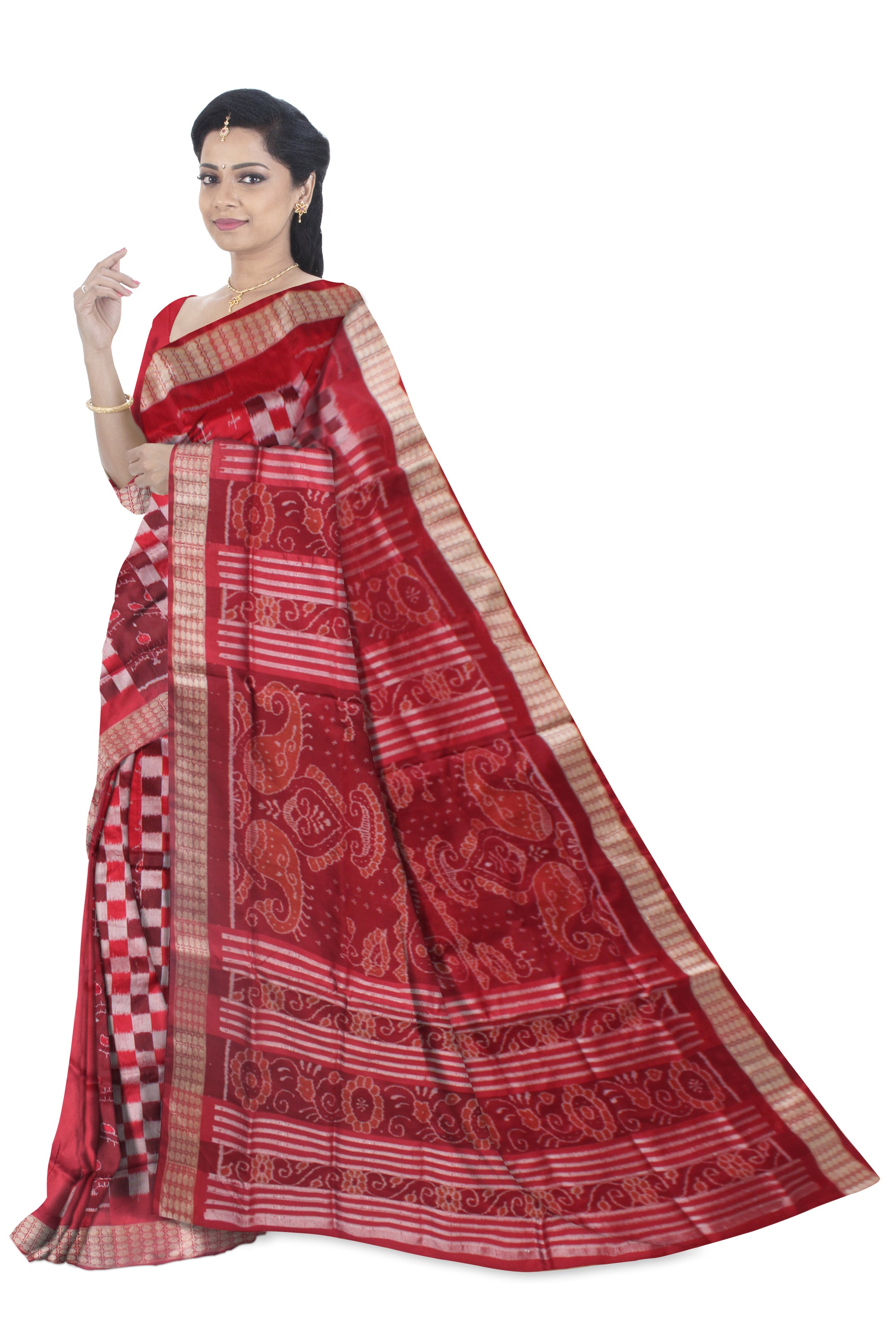 SMALL BOX PATTERN PATLI PATA SAREE IS RED AND MAROON COLOR BASE,WITH BLOUSE PIECE. - Koshali Arts & Crafts Enterprise
