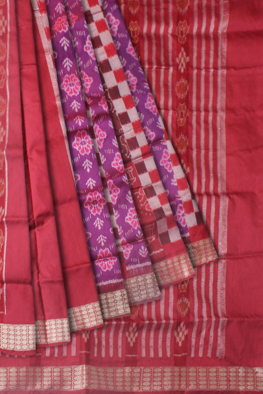 RED AND PURPLE COLOR PASAPALI PATTERN PATLI PATA SAREE, WITH MATCHING BLOUSE PIECE. - Koshali Arts & Crafts Enterprise
