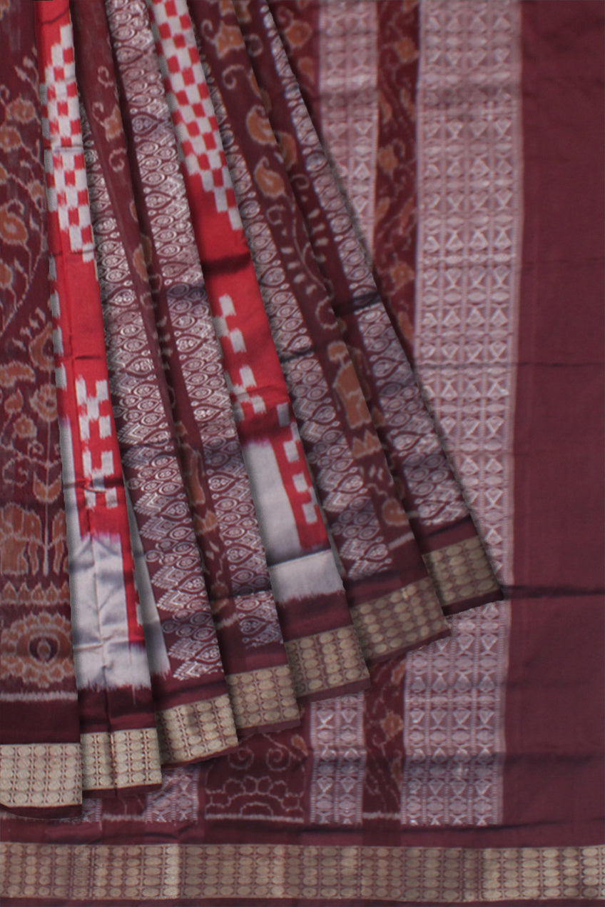 SAPTA WITH BANDHA PATTERN BOMKEI PATA SAREE IS SILVER, RED AND COFFEE COLOR. WITH MATCHING BLOUSE PIECE. - Koshali Arts & Crafts Enterprise