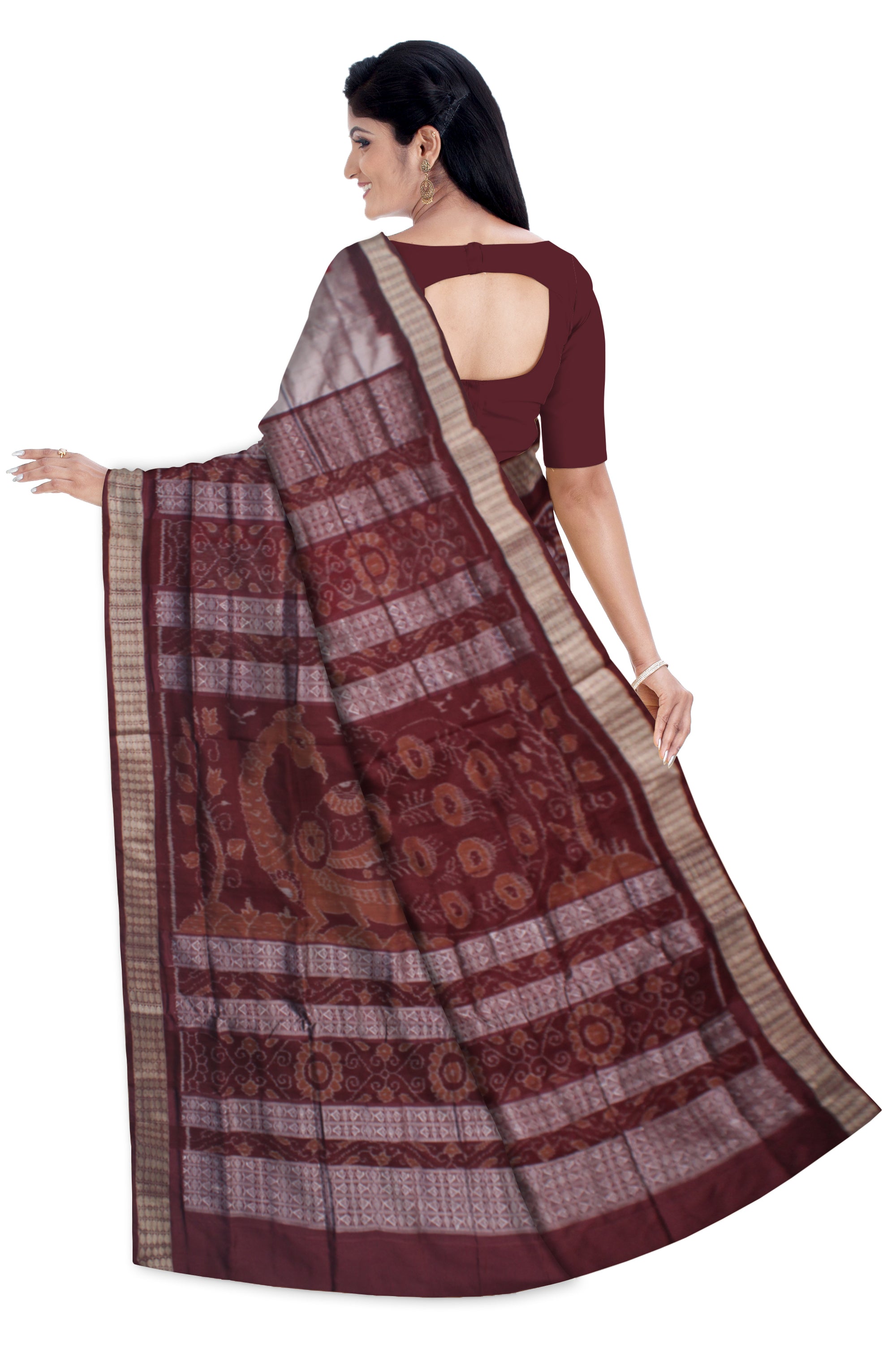 SAPTA WITH BANDHA PATTERN BOMKEI PATA SAREE IS SILVER, RED AND COFFEE COLOR. WITH MATCHING BLOUSE PIECE. - Koshali Arts & Crafts Enterprise