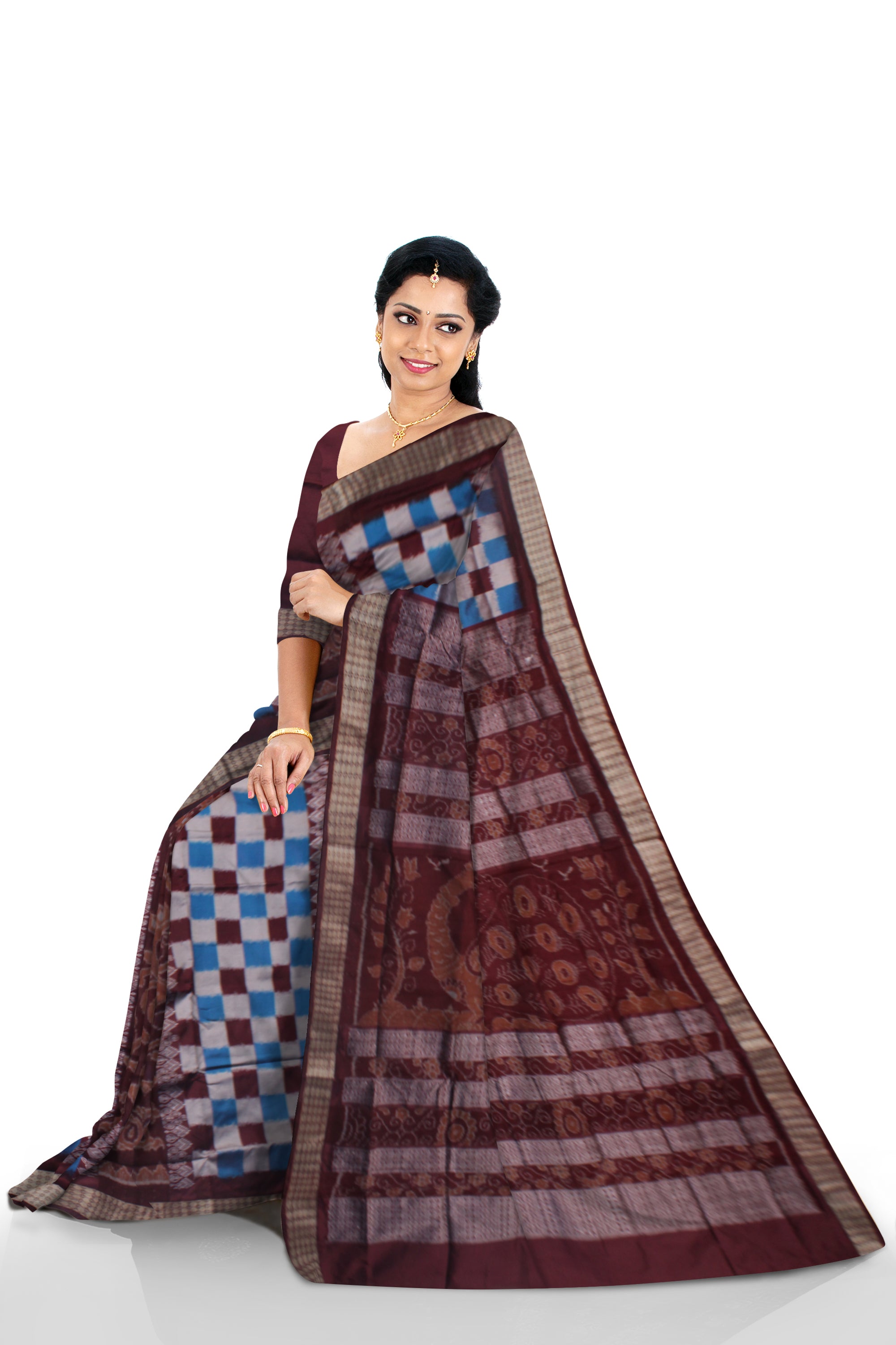 PASAPALI WITH PEACOCK PRINT BOMKEI PATA SAREE IS SLY AND COFFEE COLOR ,COMES WITH MATCHING BLOUSE PIECE. - Koshali Arts & Crafts Enterprise