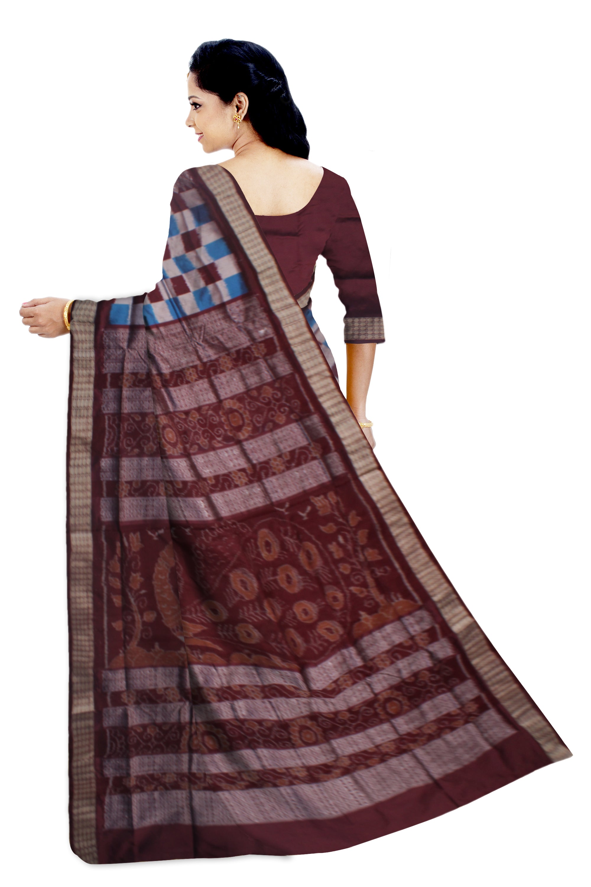 PASAPALI WITH PEACOCK PRINT BOMKEI PATA SAREE IS SLY AND COFFEE COLOR ,COMES WITH MATCHING BLOUSE PIECE. - Koshali Arts & Crafts Enterprise