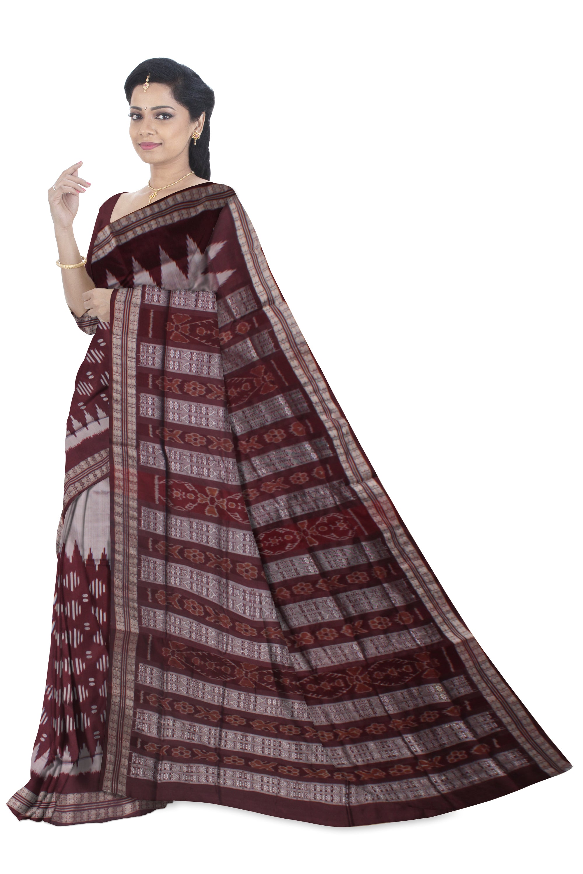 SILVER AND COFFEE COLOR IKAT PATTERN PATA SAREE, COMES WITH MATCHING BLOUSE PIECE. - Koshali Arts & Crafts Enterprise