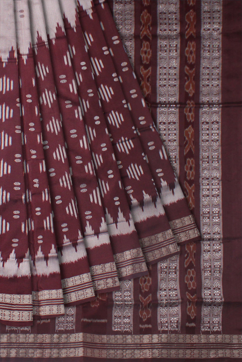 SILVER AND COFFEE COLOR IKAT PATTERN PATA SAREE, COMES WITH MATCHING BLOUSE PIECE. - Koshali Arts & Crafts Enterprise