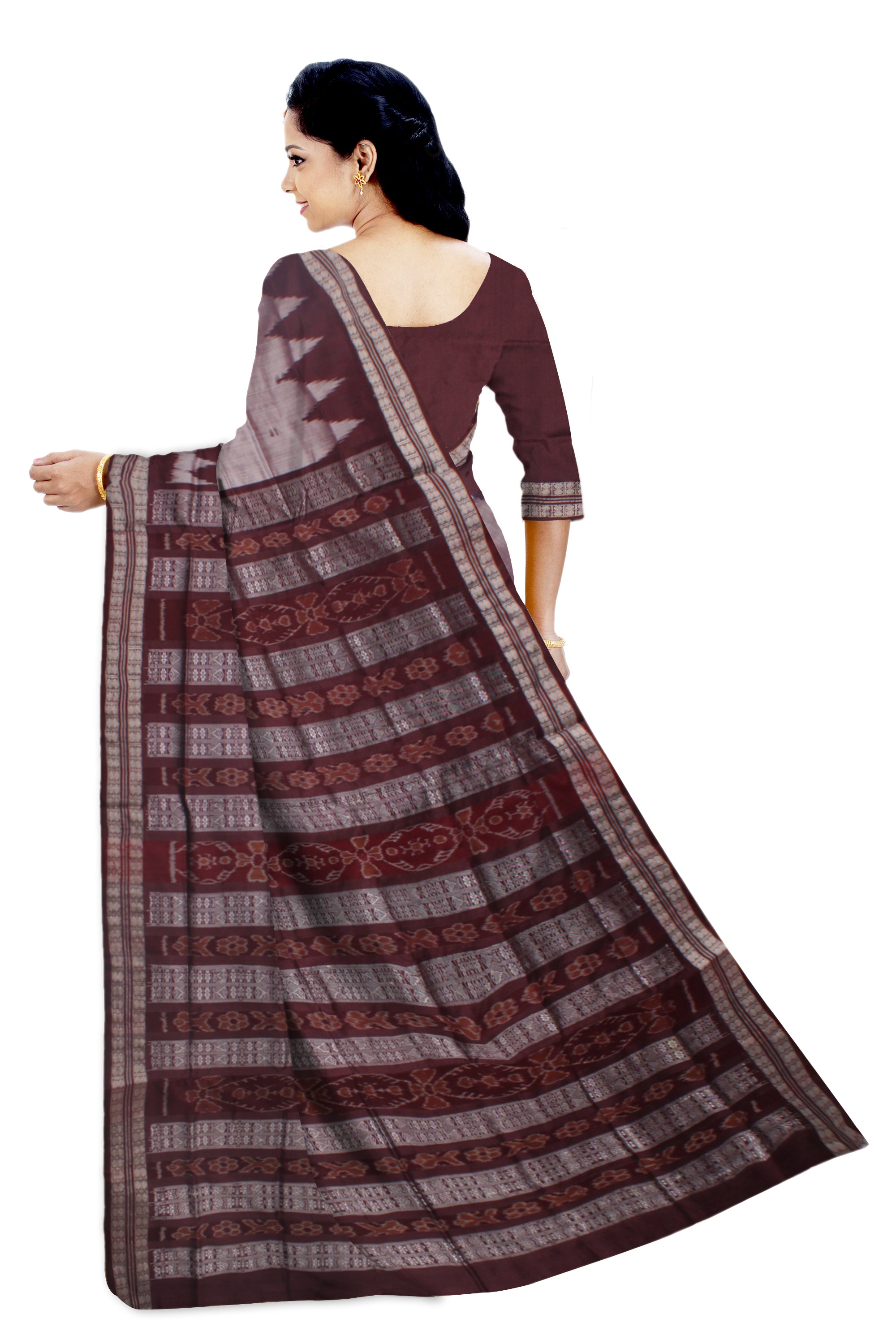 SILVER AND COFFEE COLOR IKAT PATTERN PATA SAREE, COMES WITH MATCHING BLOUSE PIECE. - Koshali Arts & Crafts Enterprise