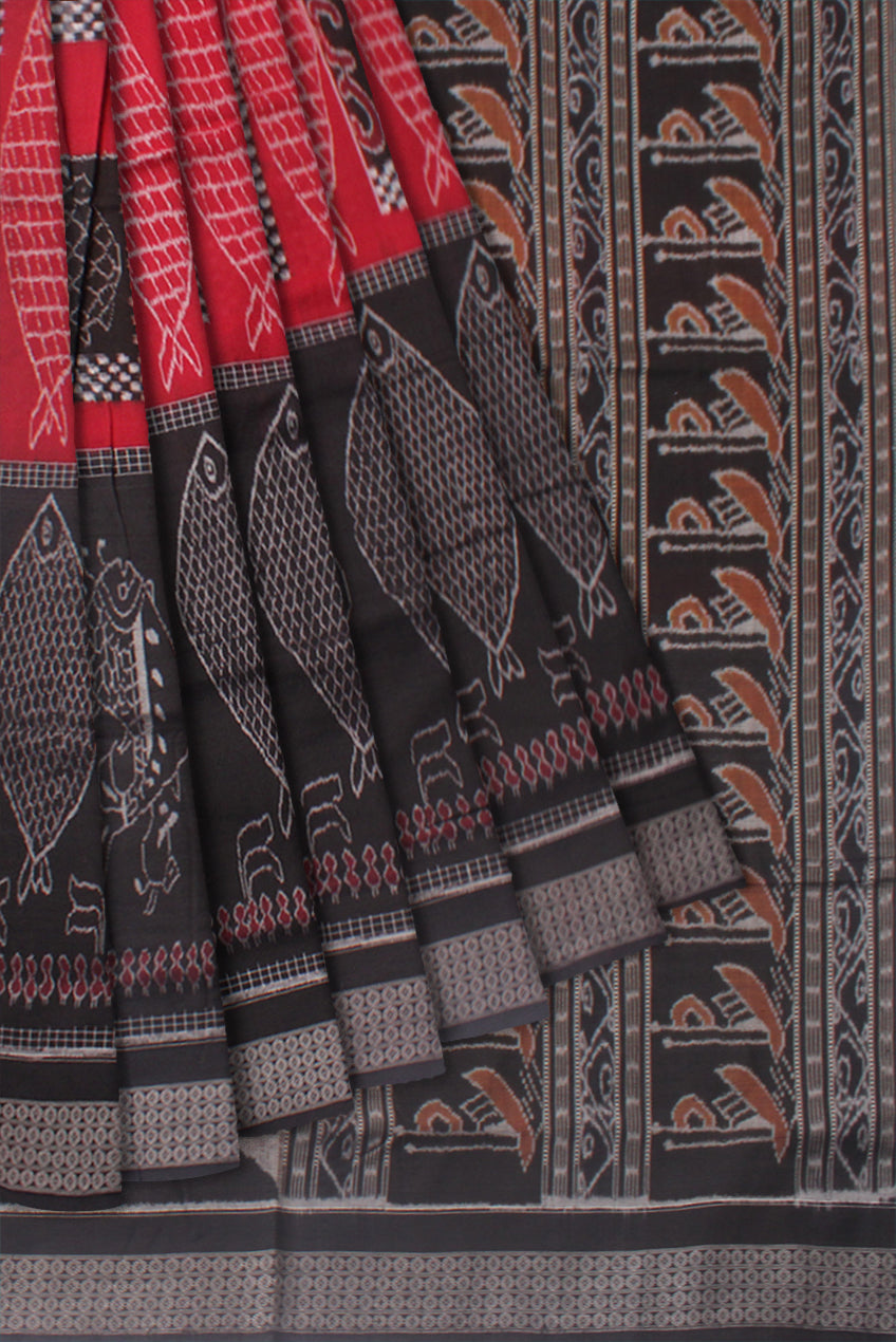 MAROON AND BLACK COLOR FISH PATTERN PURE OOTTON SAREE, WITHOUT BLOUSE PIECE. - Koshali Arts & Crafts Enterprise