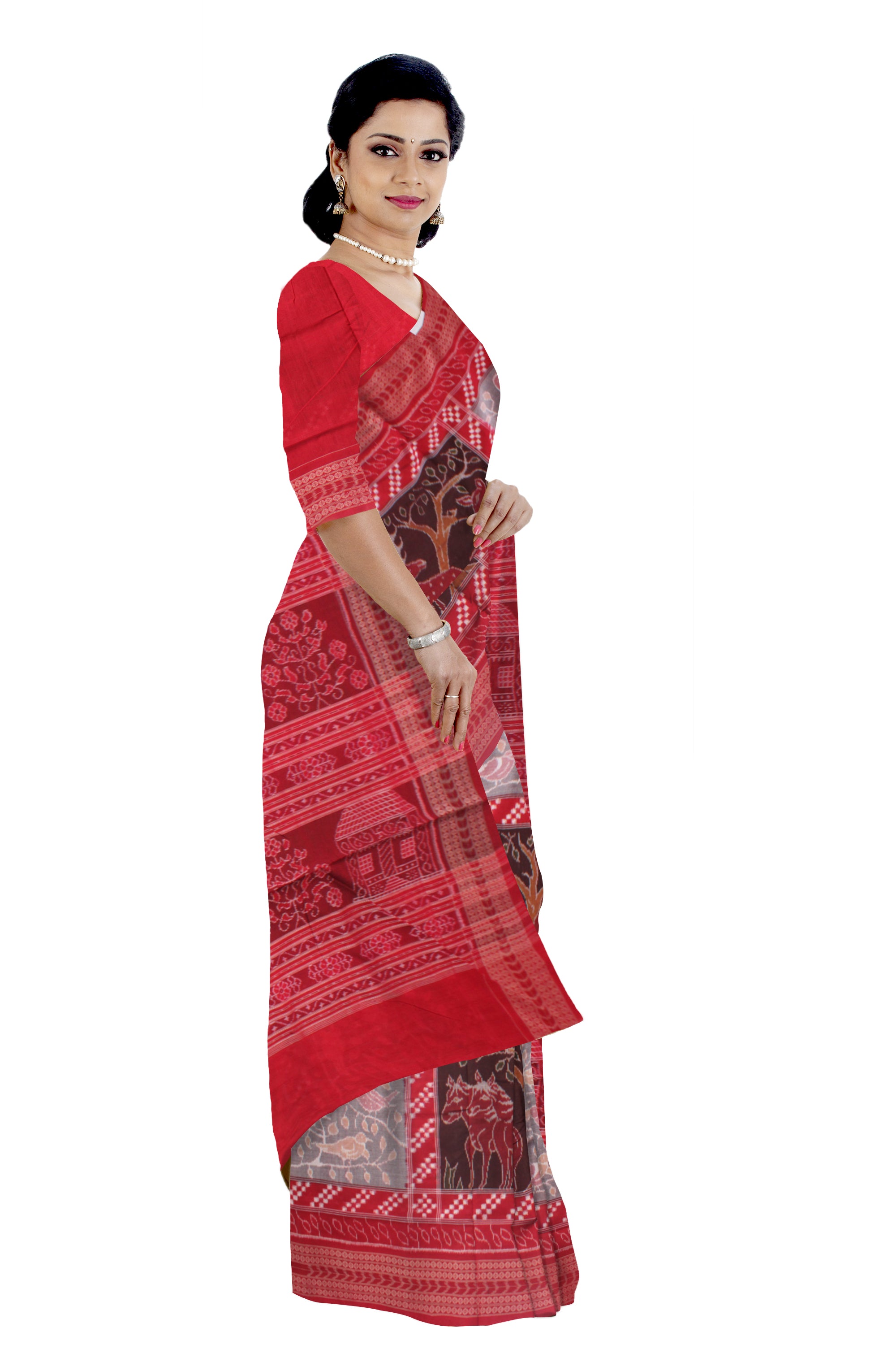 TRADITIONAL FOREST ANIMAL PATTERN  SILVER, COFFEE AND RED COLOR PURE COTTON SAREE,WITH MATCHING BLOUSE PIECE. - Koshali Arts & Crafts Enterprise