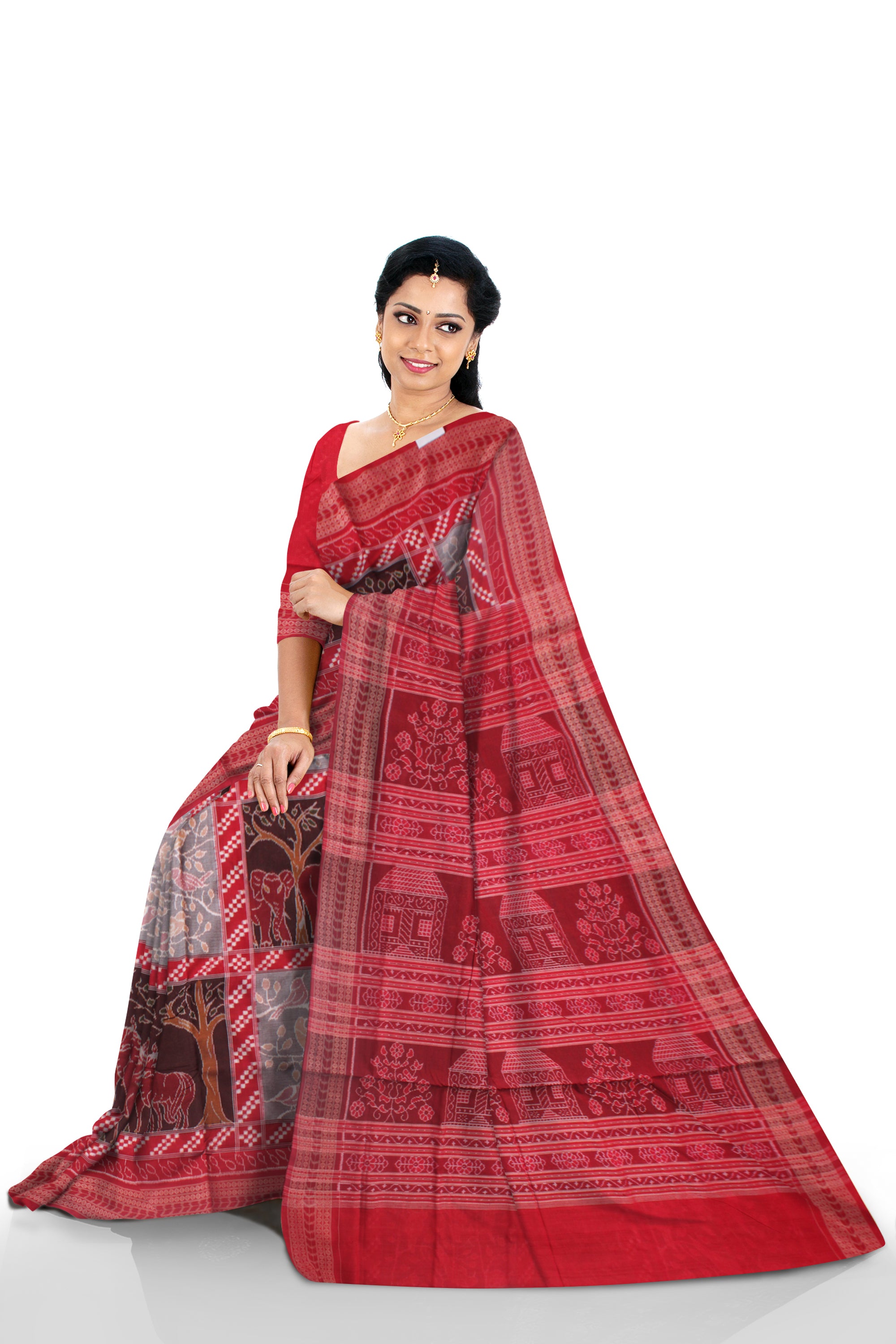 TRADITIONAL FOREST ANIMAL PATTERN SILVER, COFFEE AND RED COLOR PURE COTTON SAREE,WITH MATCHING BLOUSE PIECE. - Koshali Arts & Crafts Enterprise